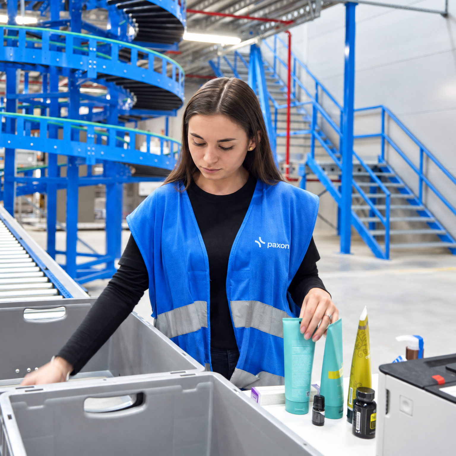 A woman in a blue Paxon vest sorts items into grey bins on a conveyor belt in a logistics warehouse.