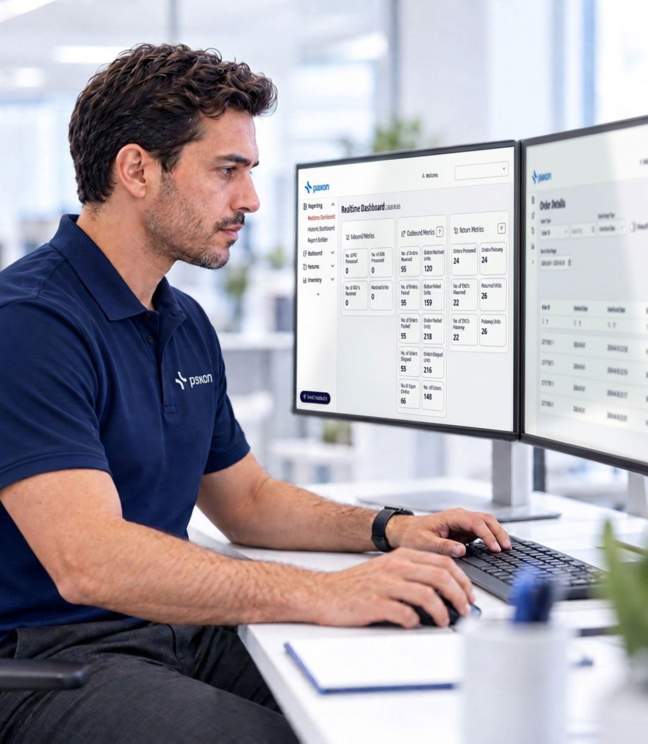 A man in a blue polo shirt works at a desk with two monitors showing data dashboards and order information.
