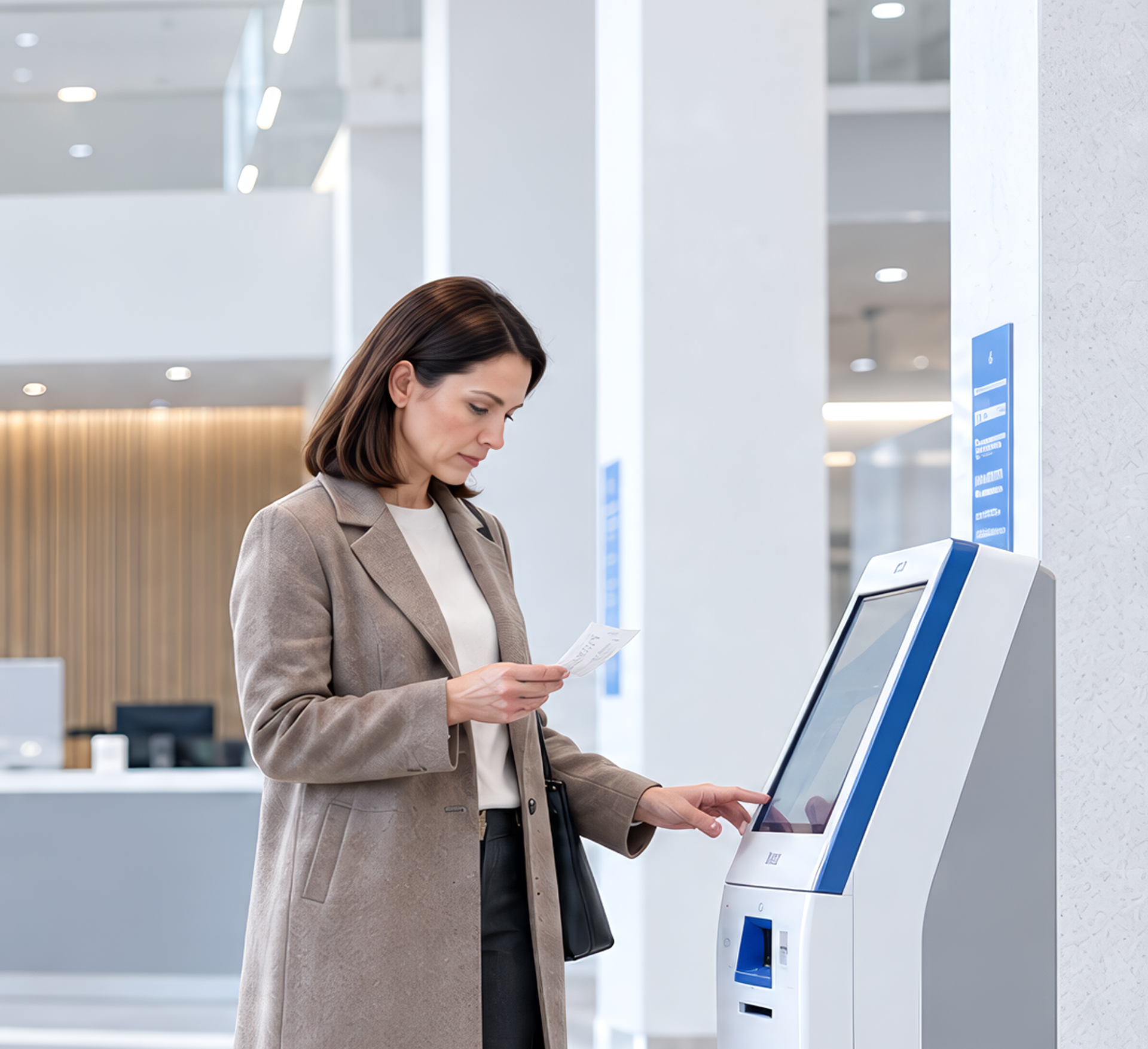 Une personne utilise une borne libre-service affichant des options numérotées.