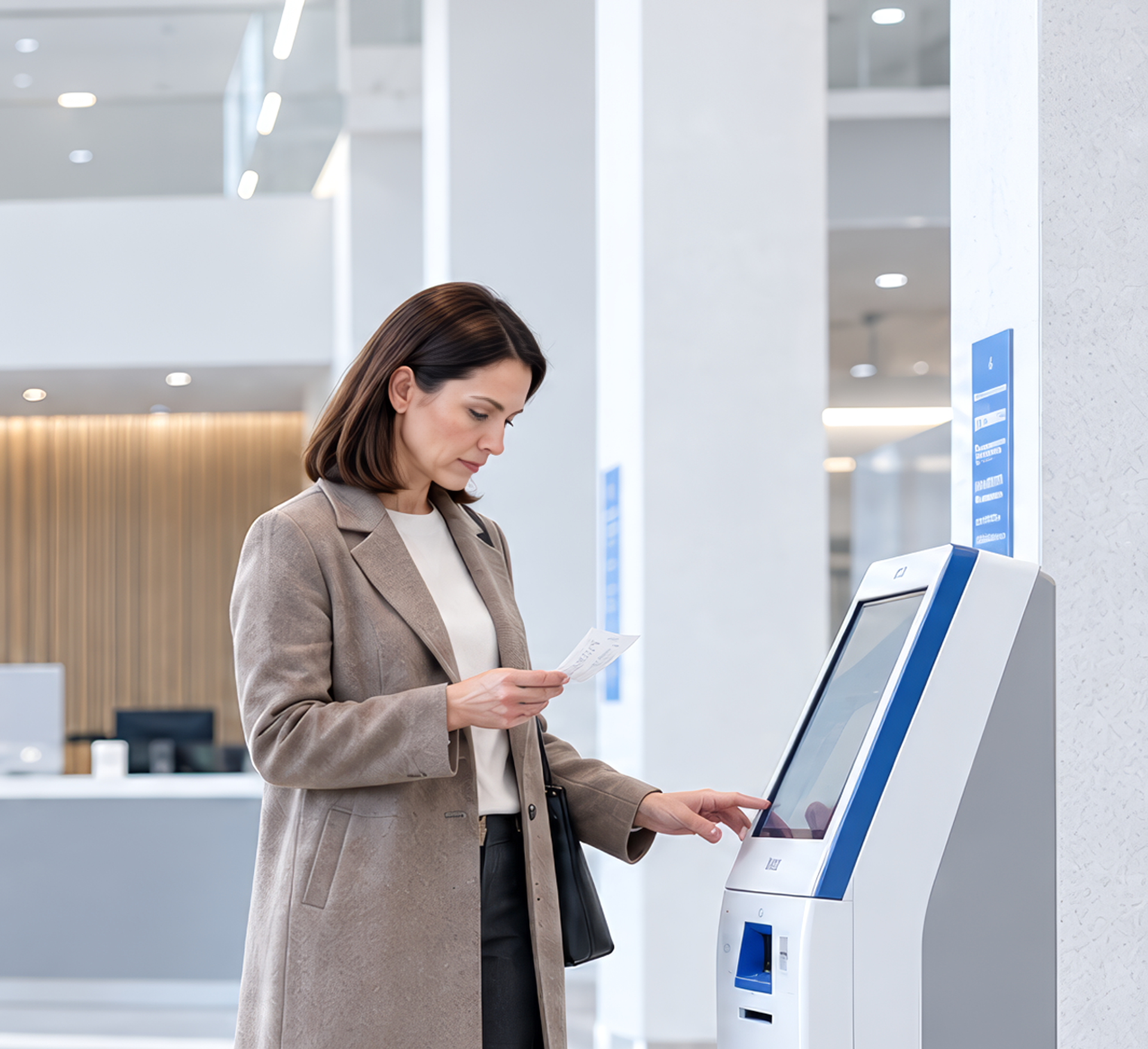 Eine Person bedient ein Selbstbedienungsterminal mit nummerierten Optionen.