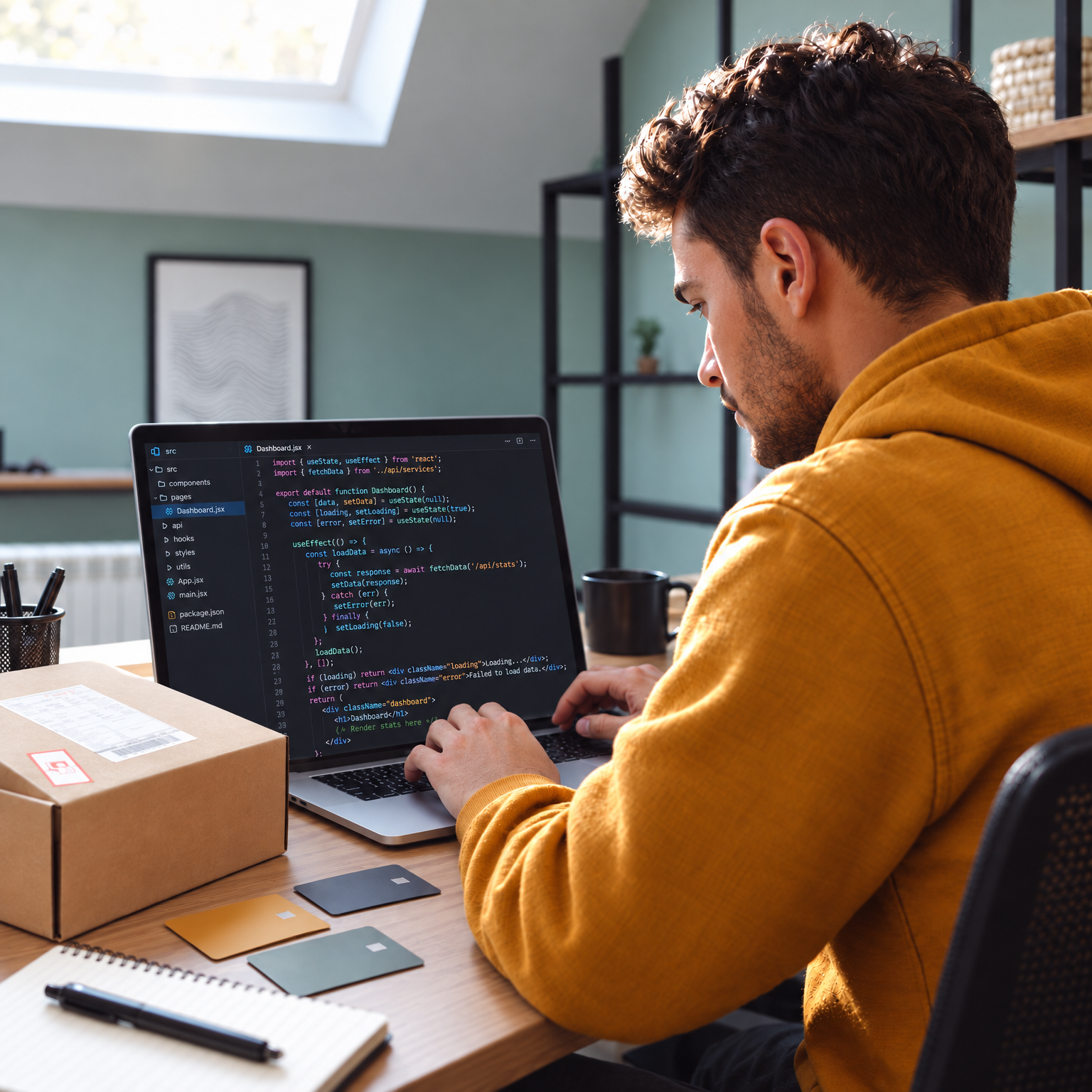A man in a yellow hoodie codes on a laptop at a desk with a shipping box and credit cards.