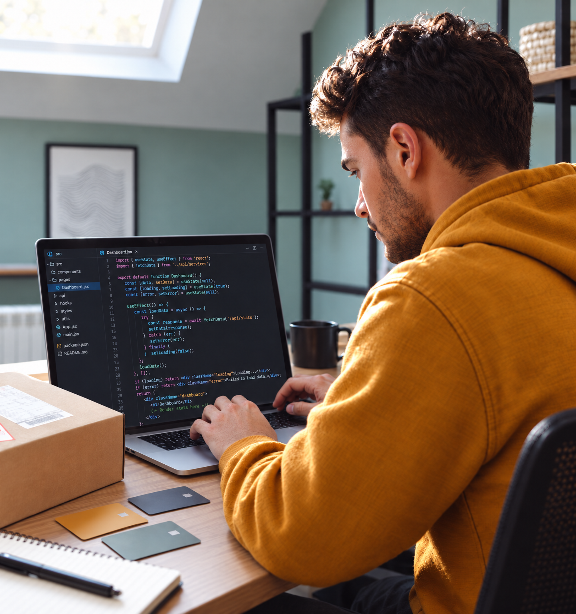 Man in a yellow hoodie coding on a laptop with a shipping box and credit cards on the desk.