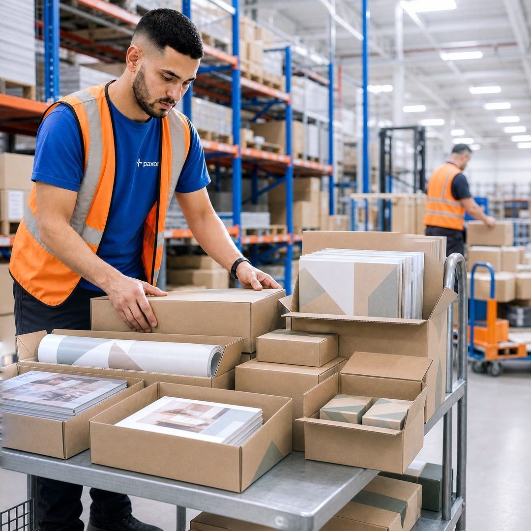 A worker in an orange safety vest places a box onto a cart filled with packages in a warehouse.