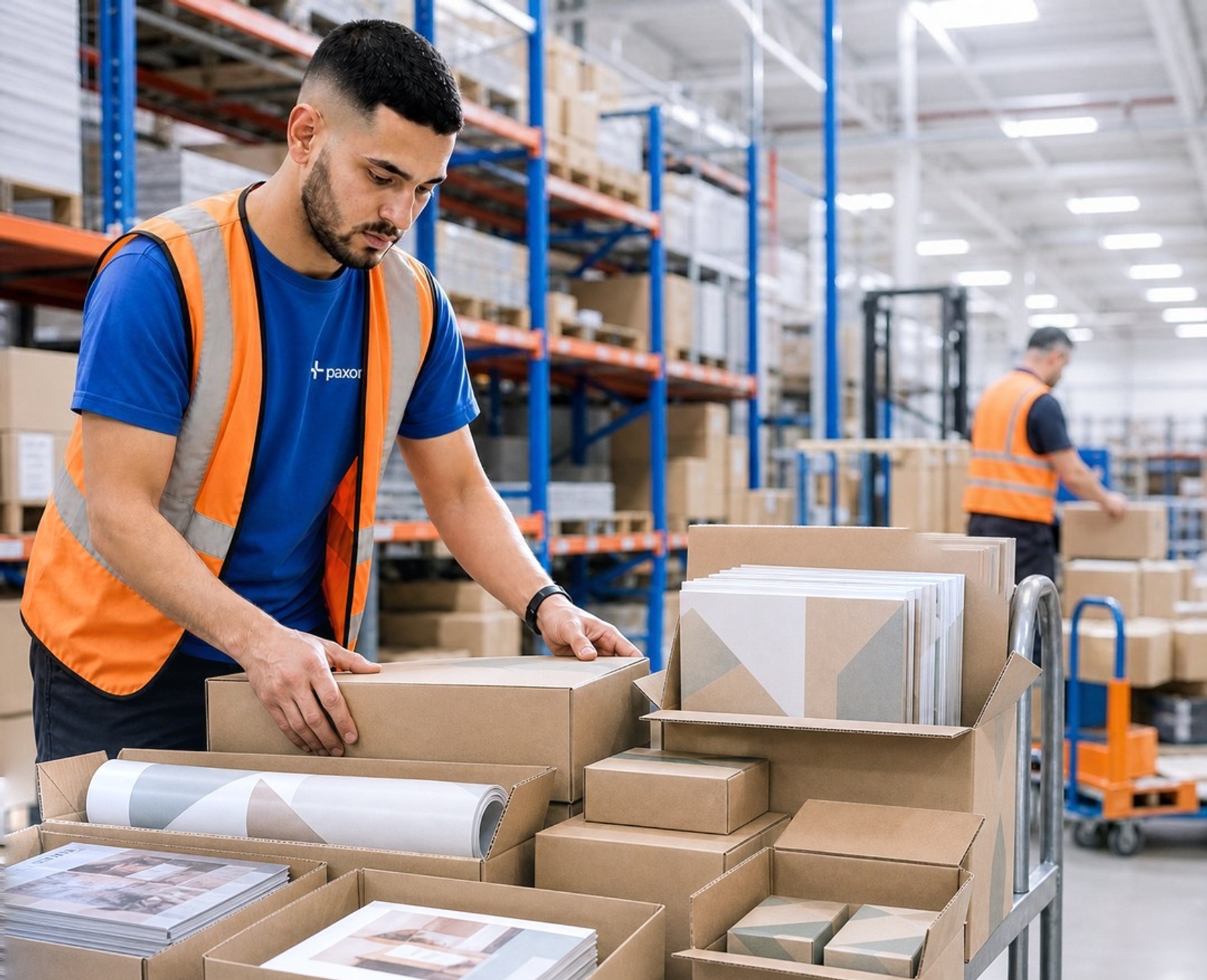 A worker in an orange safety vest places a box onto a cart filled with packages in a warehouse.