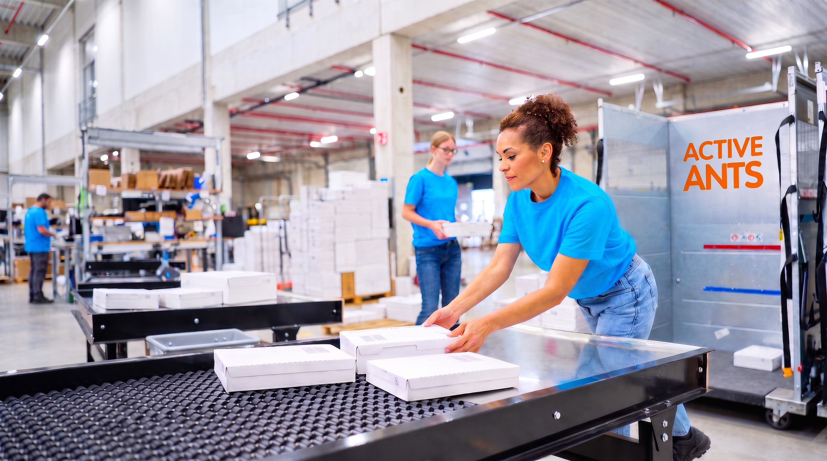 Twee mensen wandelen en praten in een groot, net magazijn met industriële rekken en uitrusting.