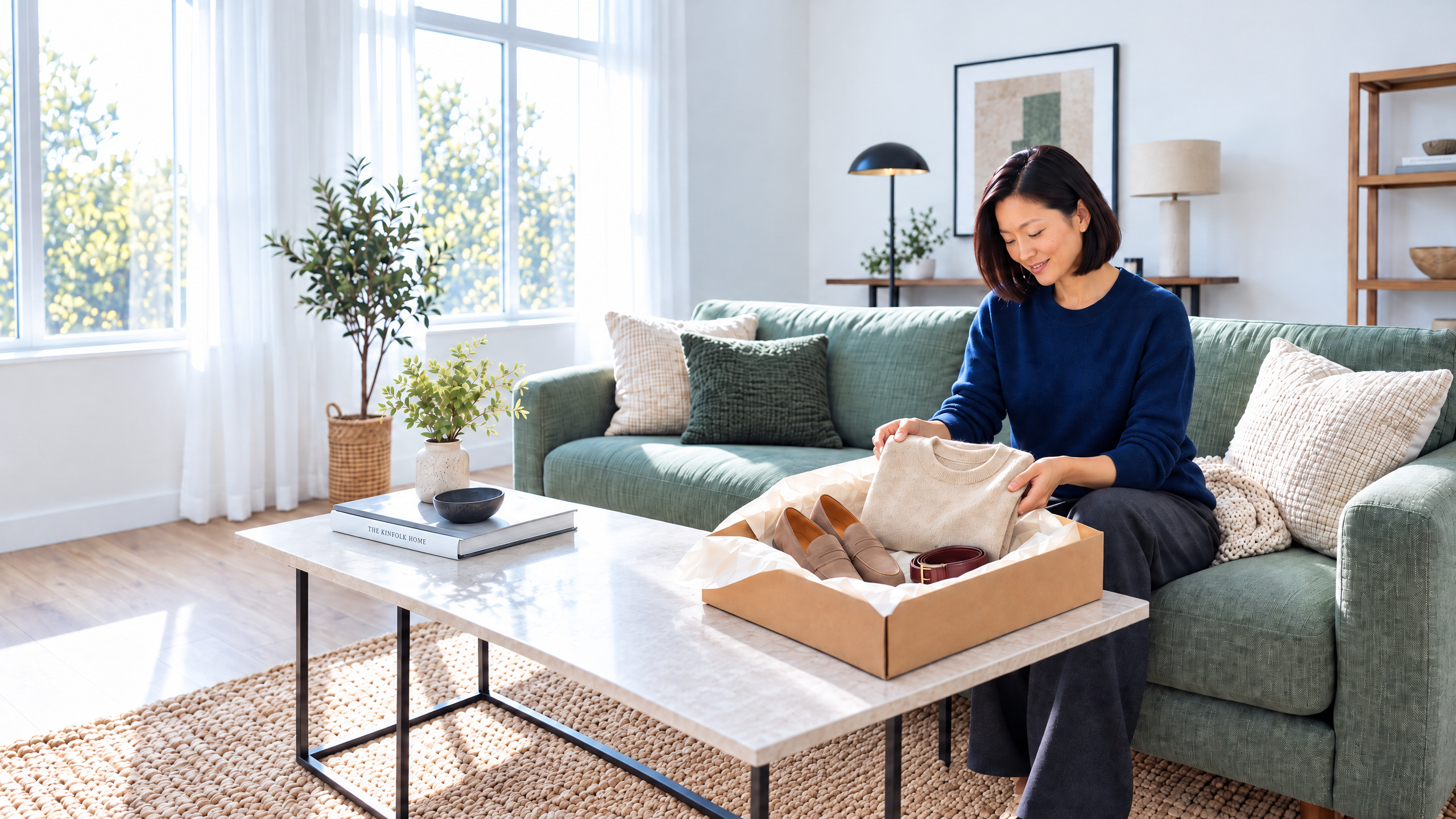 A woman smiles while unboxing a sweater, shoes, and belt from a package on a coffee table in her living room.