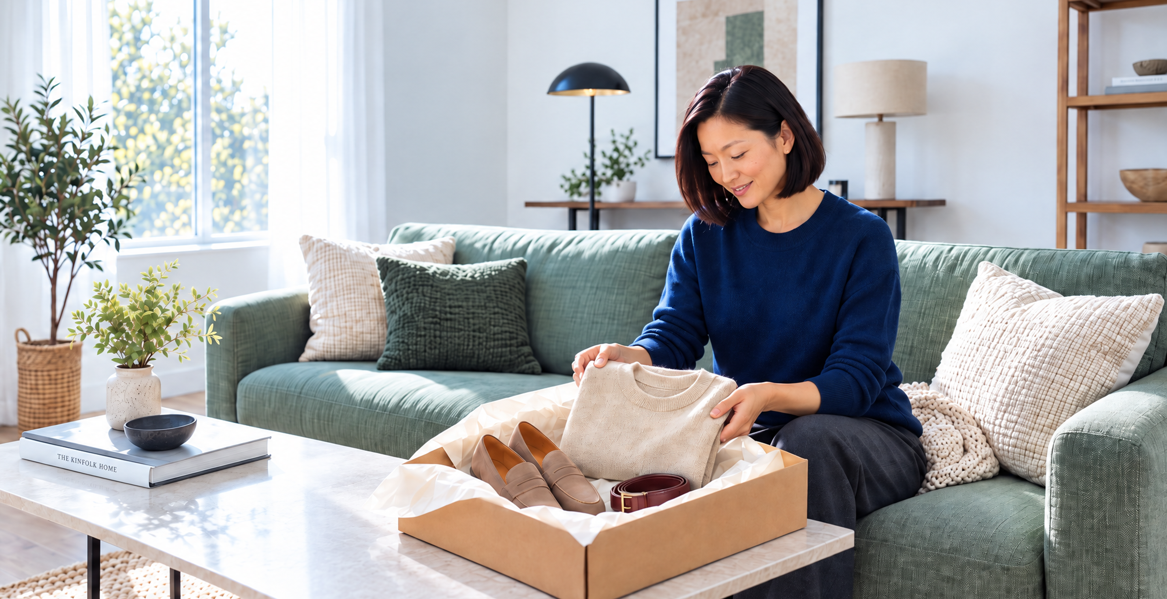 A woman unboxes a package of clothes and shoes in her living room.