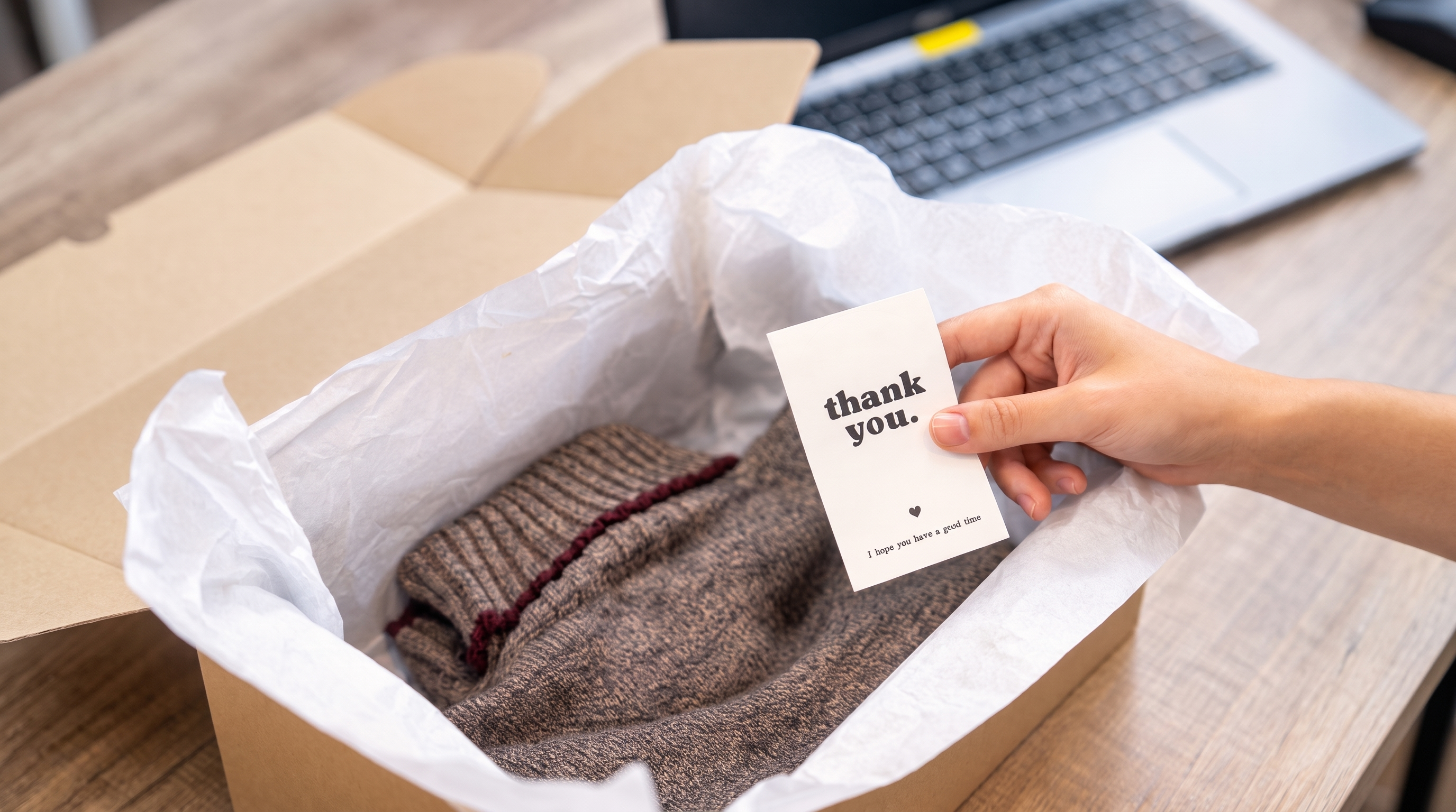 Een medewerker met handschoenen en een vest legt een artikel in noppenfolie in een doos met bedrukt zijdepapier.