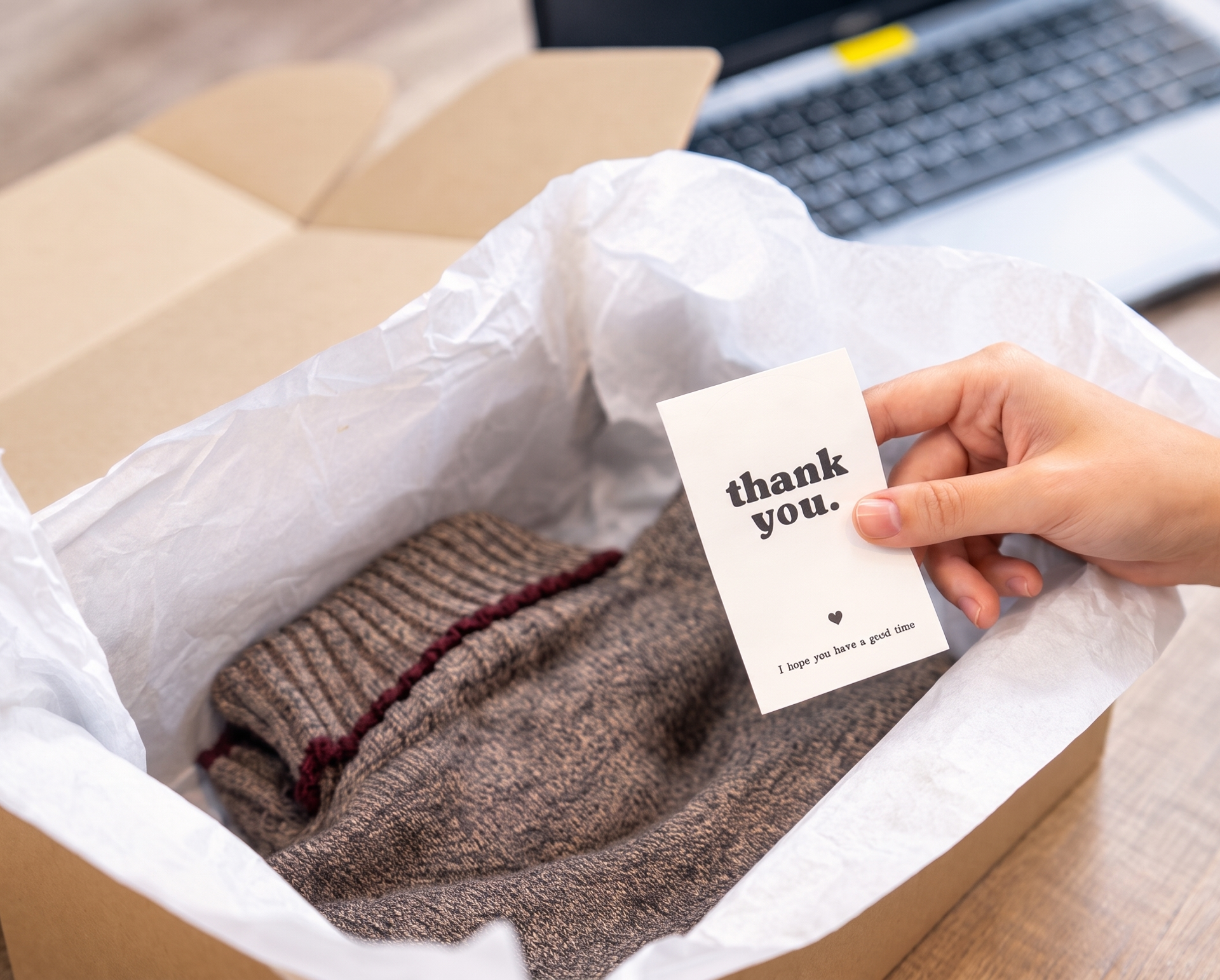 Een medewerker met handschoenen en een vest legt een artikel in noppenfolie in een doos met bedrukt zijdepapier.