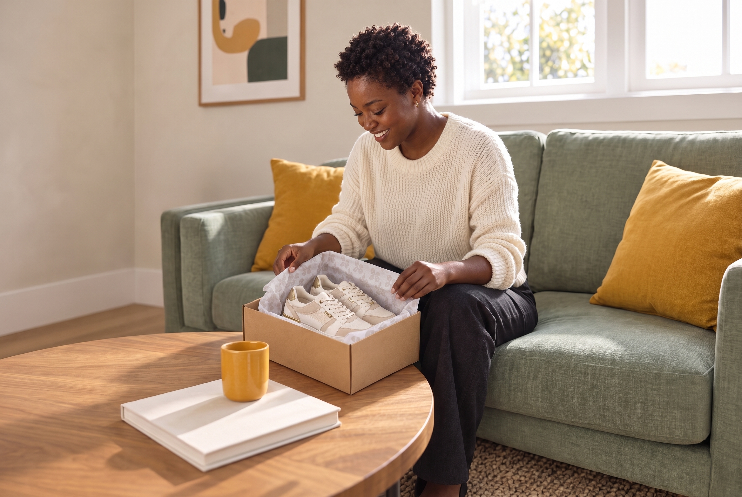 A smiling woman unboxes a pair of cream and gold sneakers from a shoebox on a coffee table.