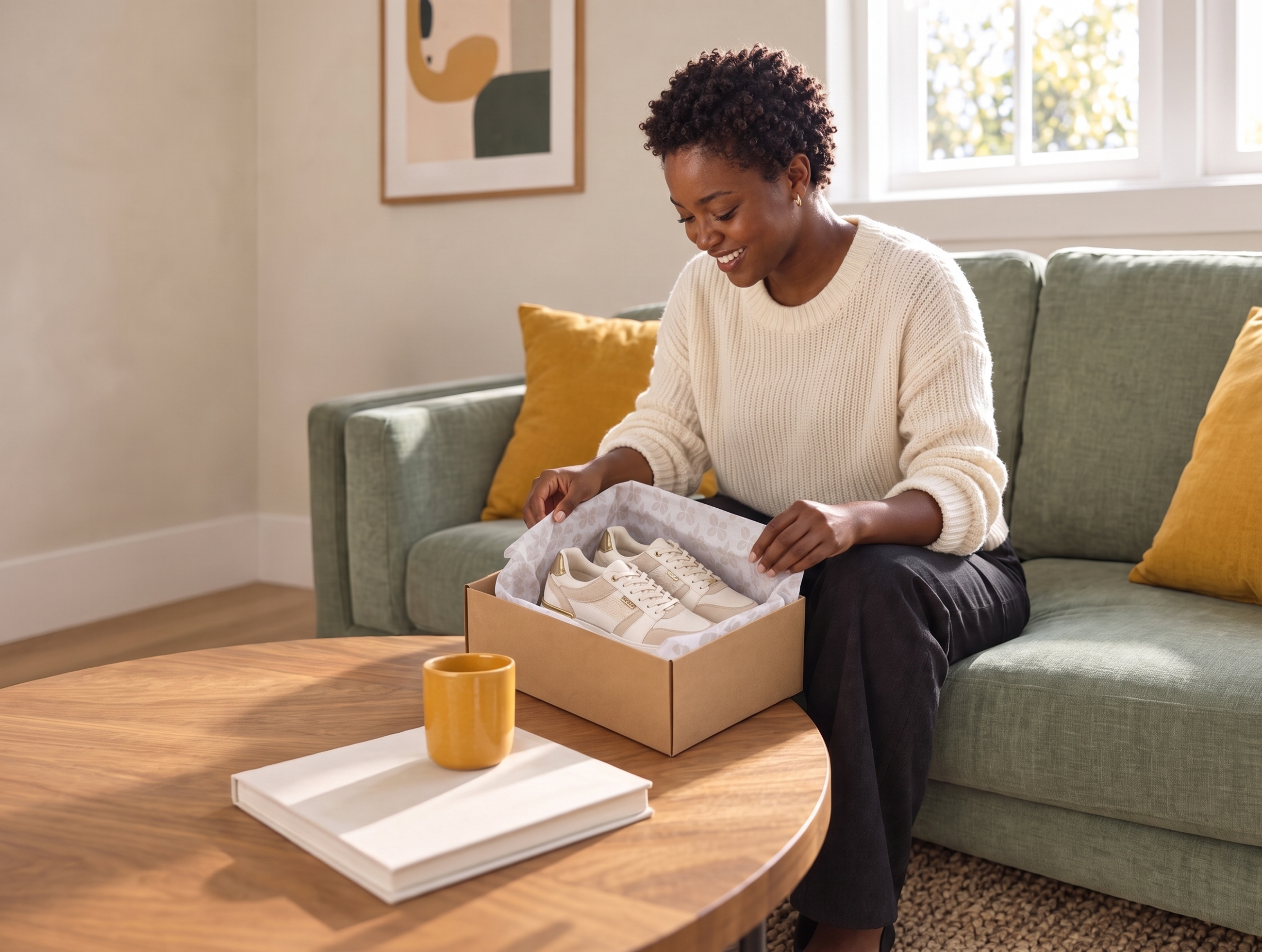 A smiling woman unboxes a pair of cream and gold sneakers from a shoebox on a coffee table.