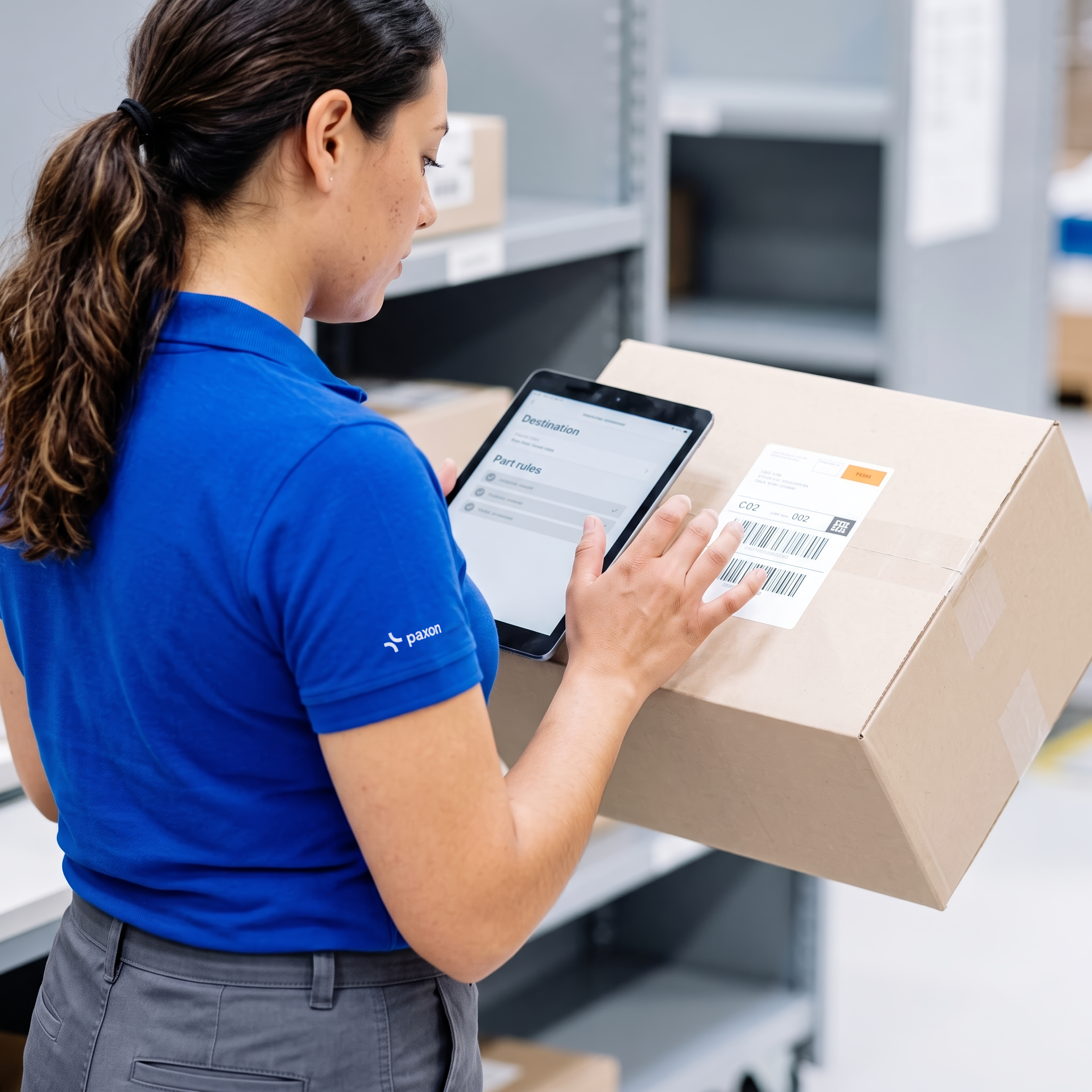 A worker in a blue polo shirt uses a tablet while holding a package with a shipping label in a warehouse.