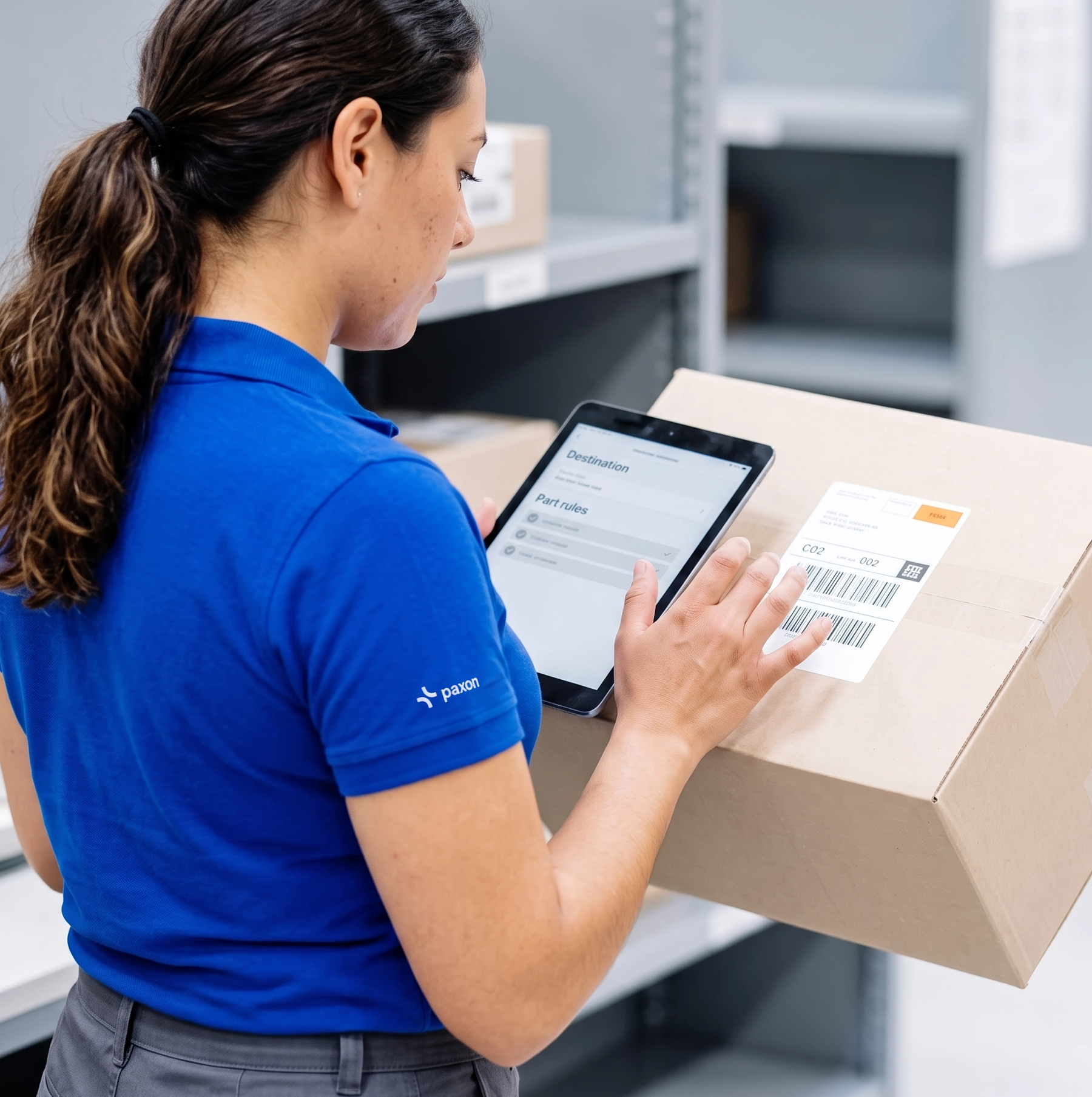 A worker in a blue polo shirt uses a tablet while holding a package with a shipping label in a warehouse.