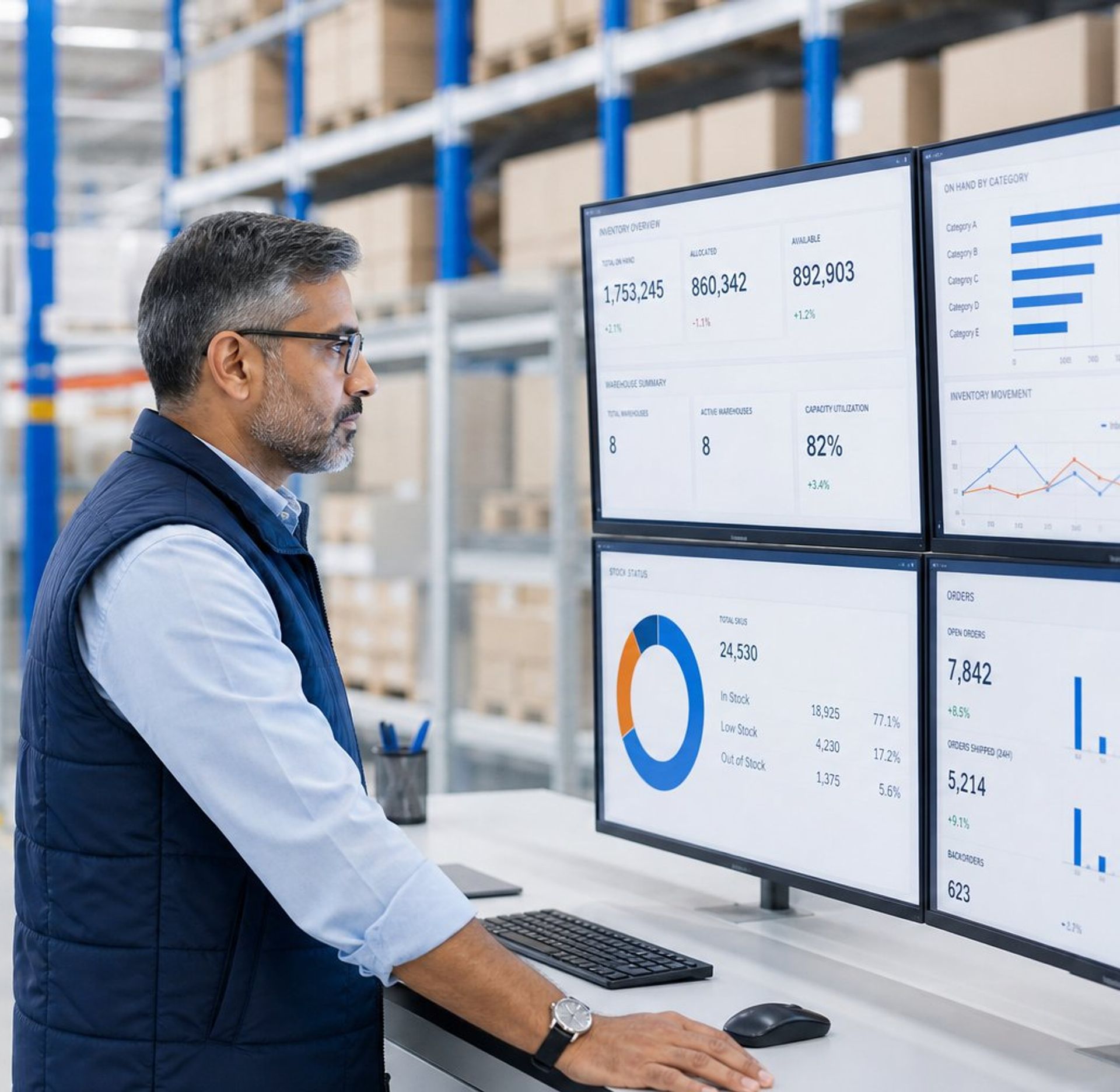 A man in a warehouse analyzes data dashboards on multiple screens.