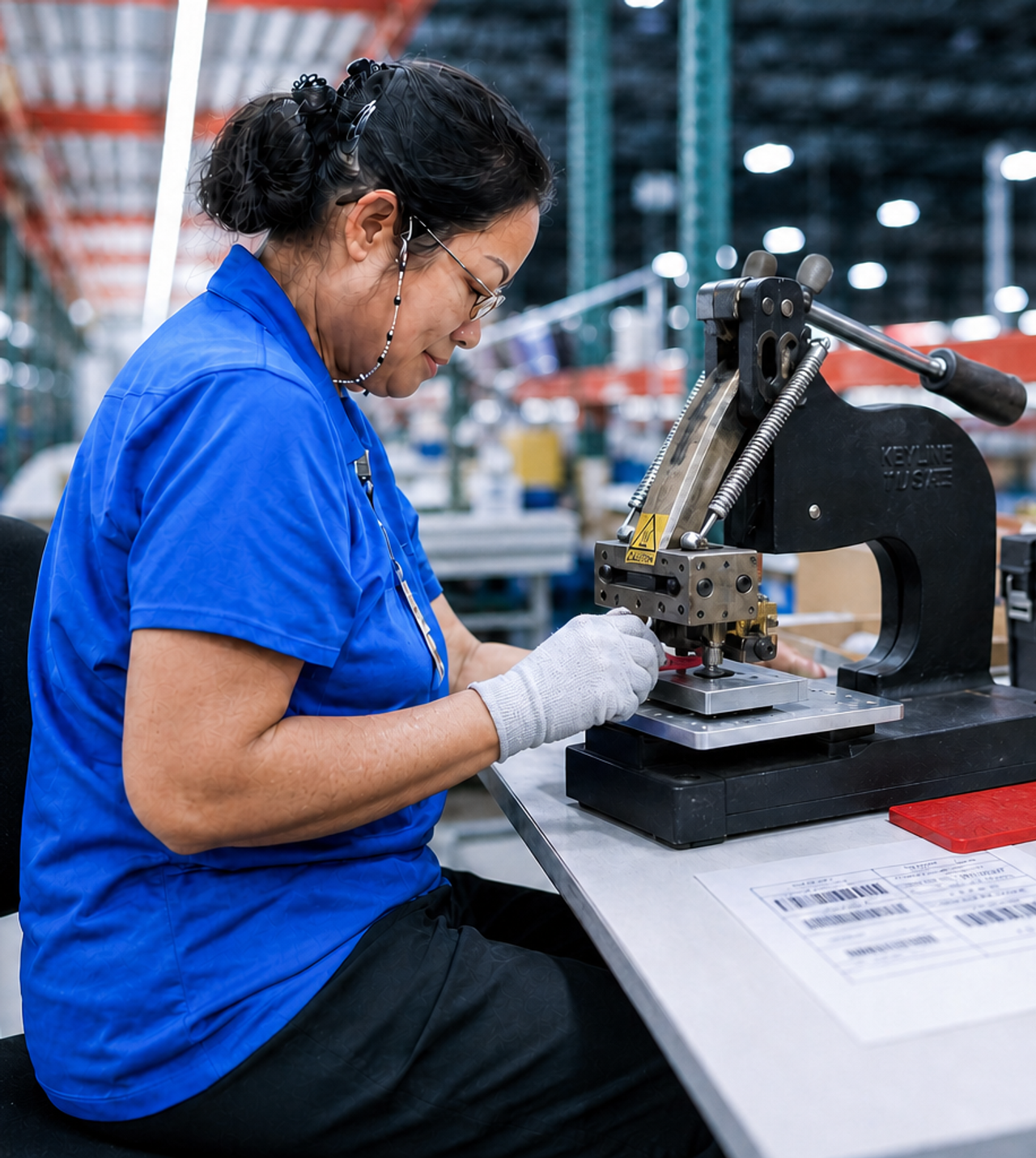 A woman operates a manual press machine at a workstation in a warehouse.