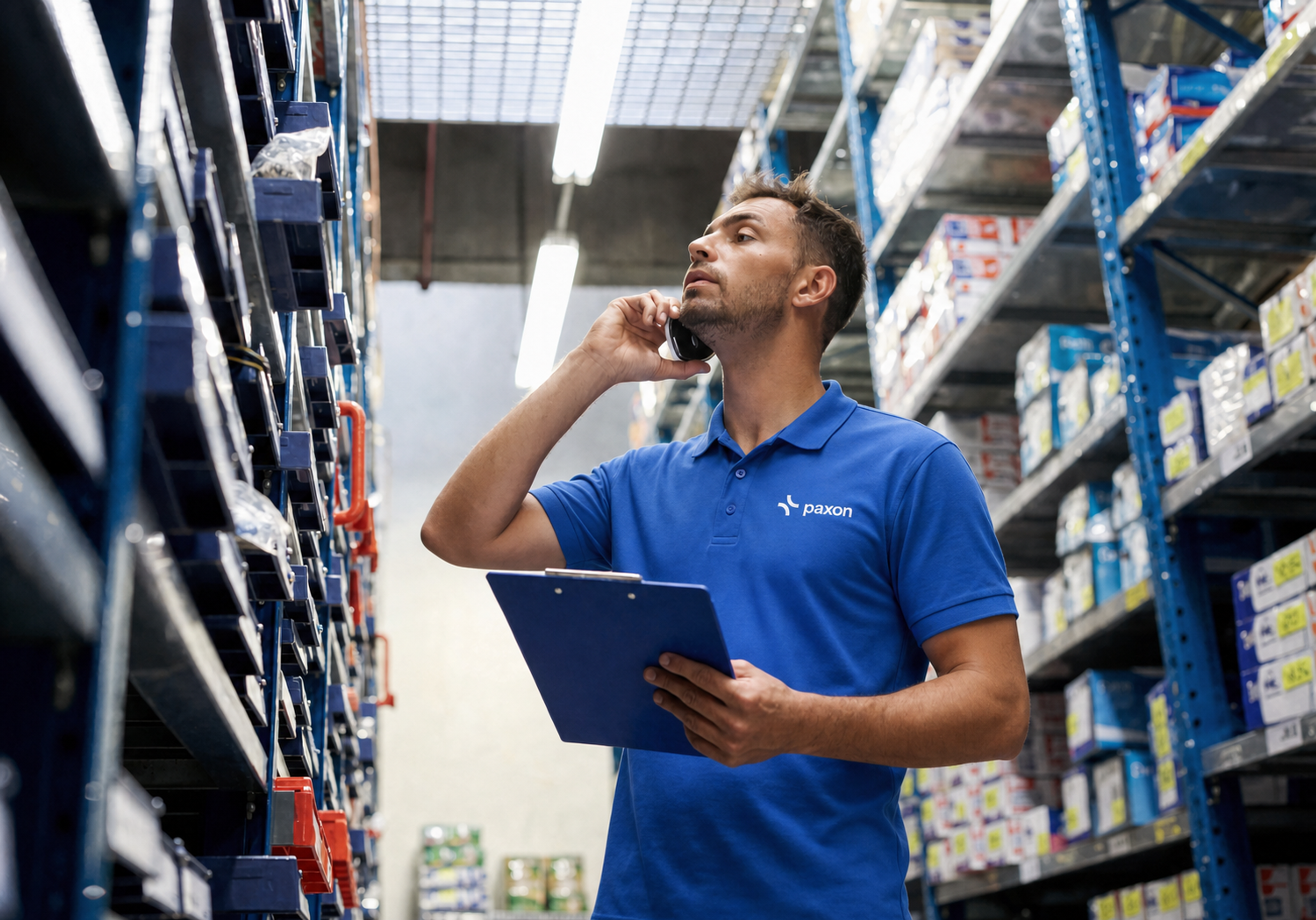 Man in blue Paxon shirt on phone with clipboard in a warehouse looking at shelves.