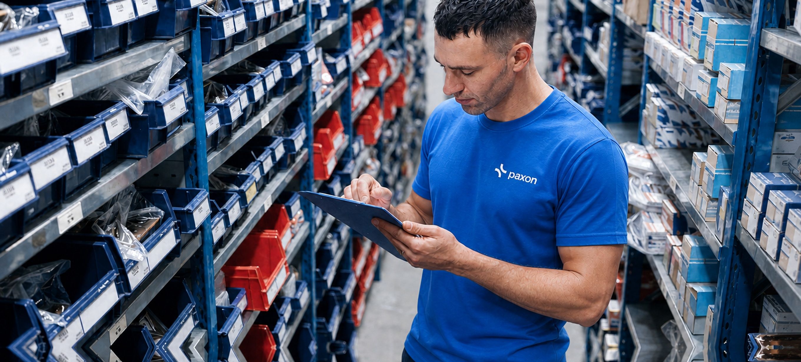 Un homme portant un t-shirt Paxon vérifie le stock sur une tablette dans une allée d’entrepôt.