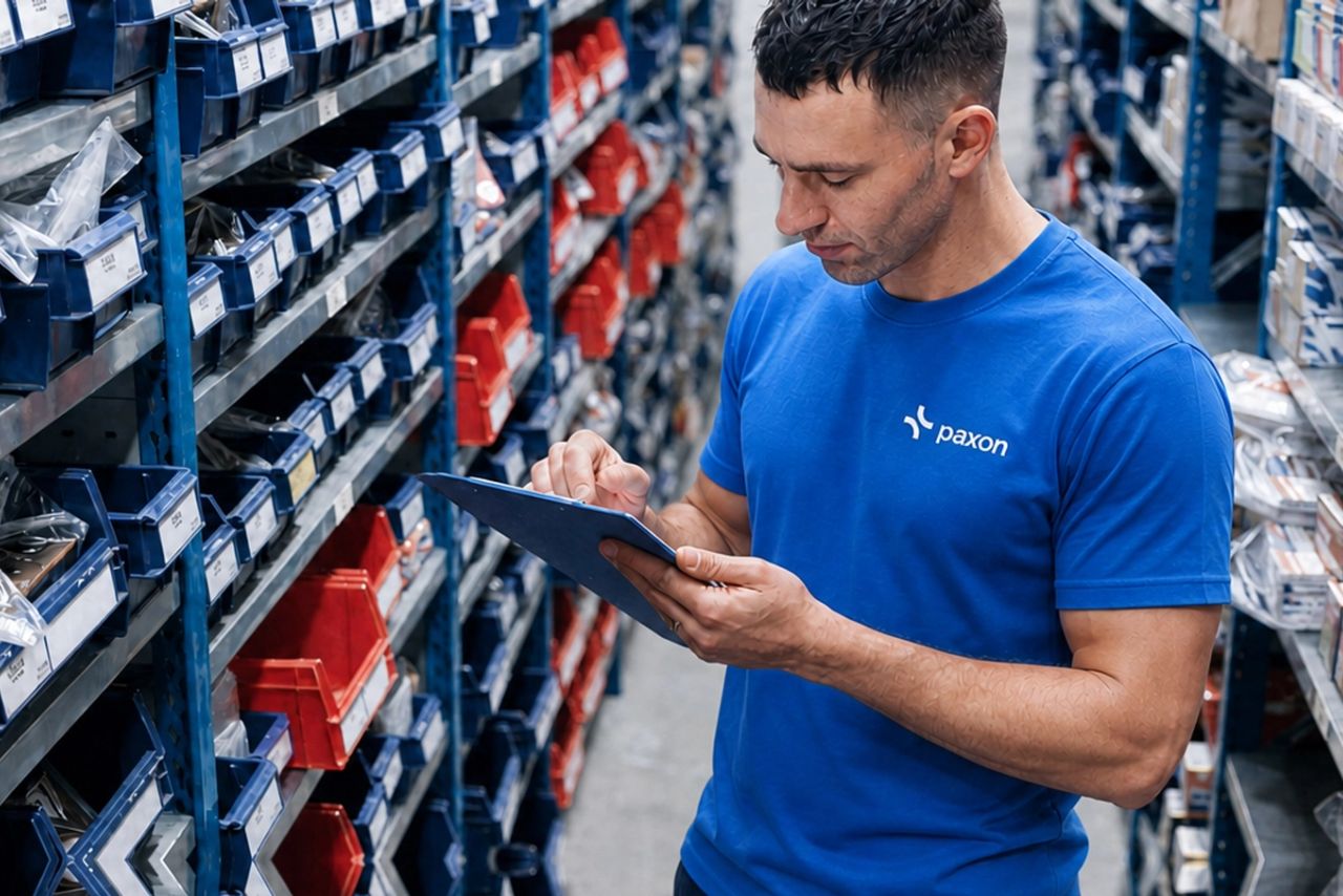 Un homme portant un t-shirt Paxon vérifie le stock sur une tablette dans une allée d’entrepôt.