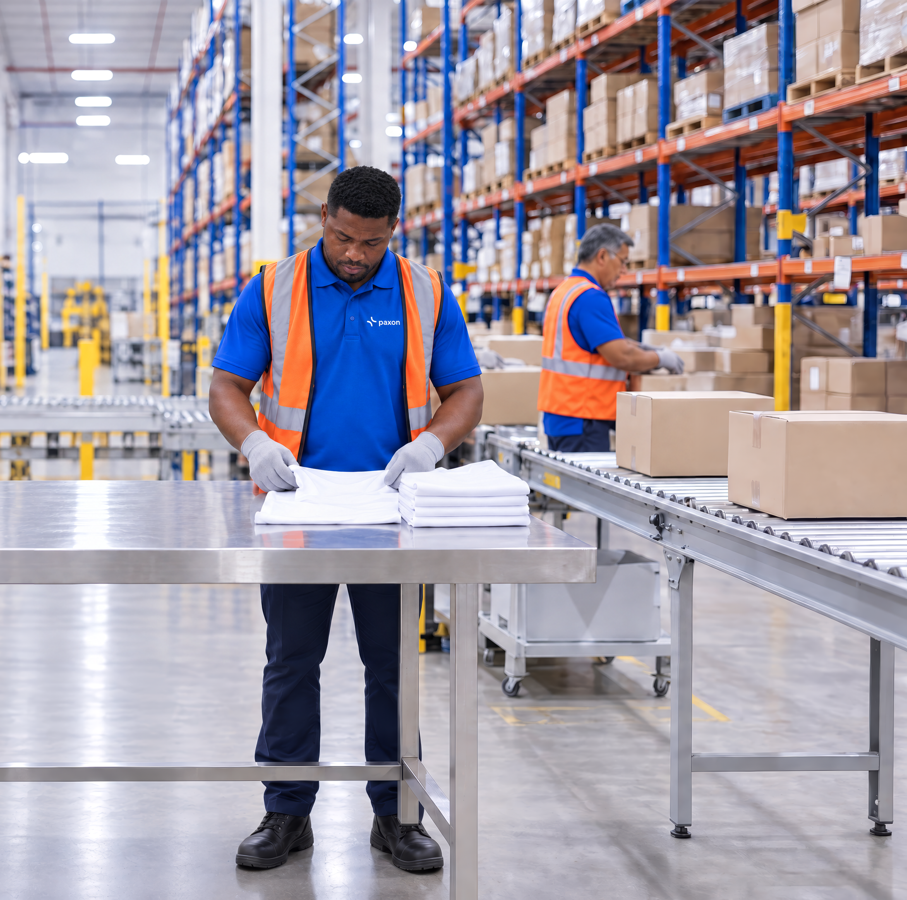 Two men in safety vests and blue shirts work in a warehouse, one folding white items on a metal table, the other handling boxes on a conveyor belt.