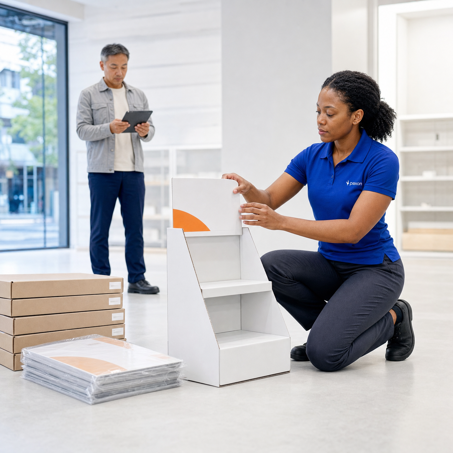 Une femme en uniforme bleu assemble un présentoir en carton blanc avec un marquage orange, tandis qu’un homme consulte une tablette à l’arrière-plan, à côté de piles de boîtes de produits.