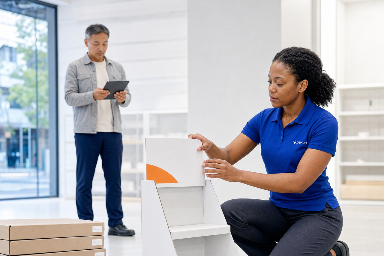 Une femme en uniforme bleu assemble un présentoir en carton blanc avec un marquage orange, tandis qu’un homme consulte une tablette à l’arrière-plan, à côté de piles de boîtes de produits.