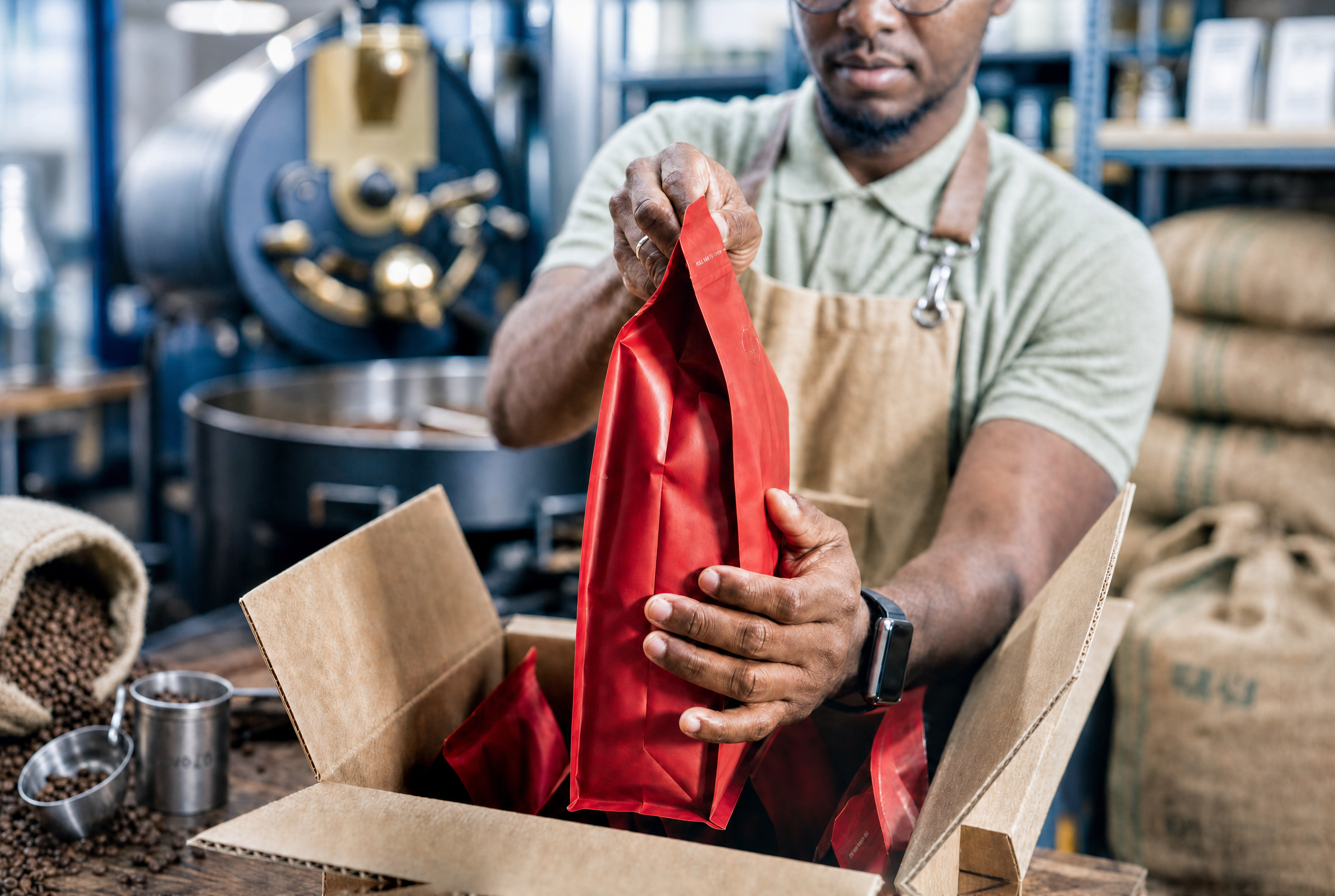 Man in an apron packing red coffee bags into a box with a coffee roaster in the background.