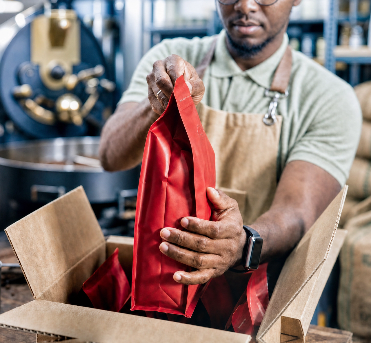 Man in an apron packing red coffee bags into a box with a coffee roaster in the background.