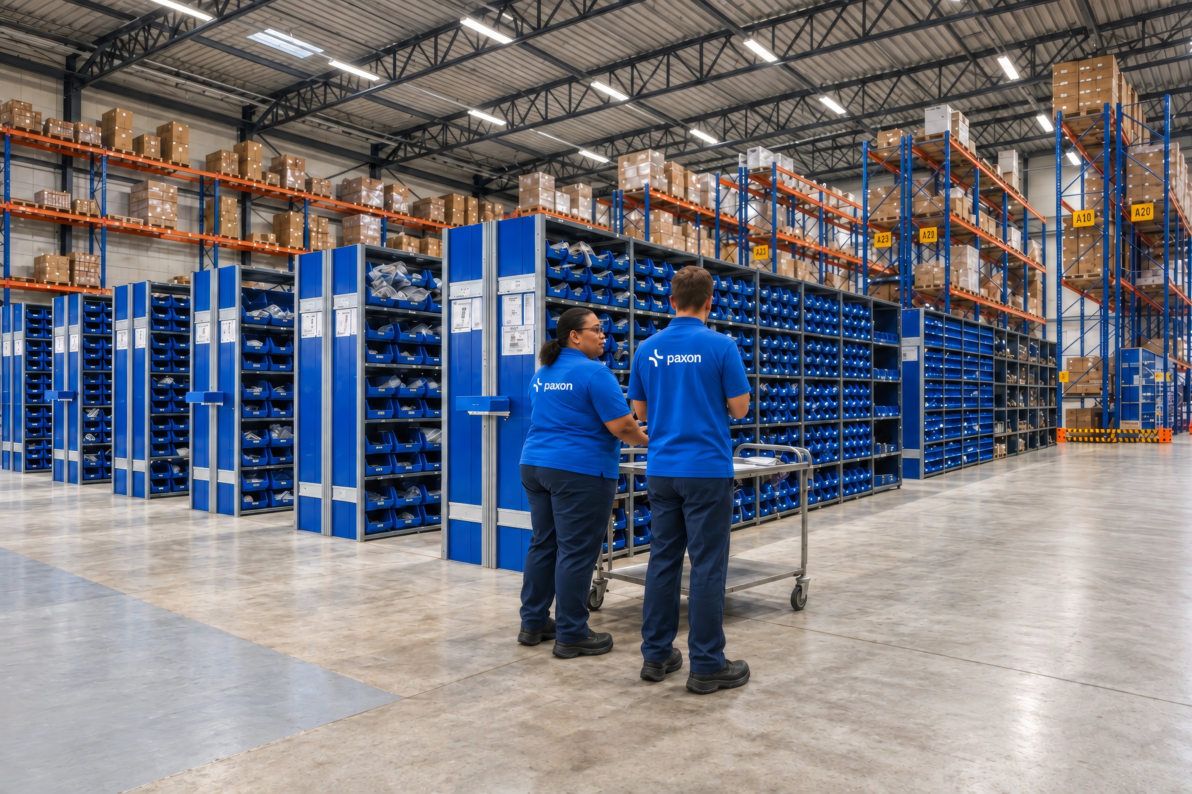 Two workers stand in a large warehouse with shelves stocked with blue bins and boxes.
