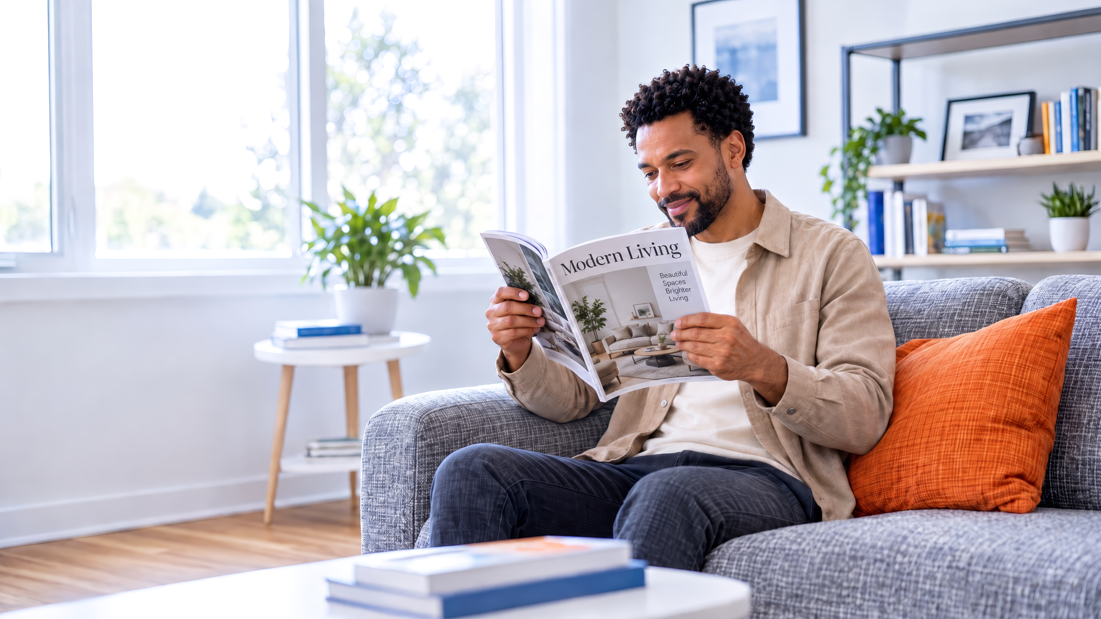 Un homme âgé à la barbe blanche est assis dans un canapé et regarde un magazine.