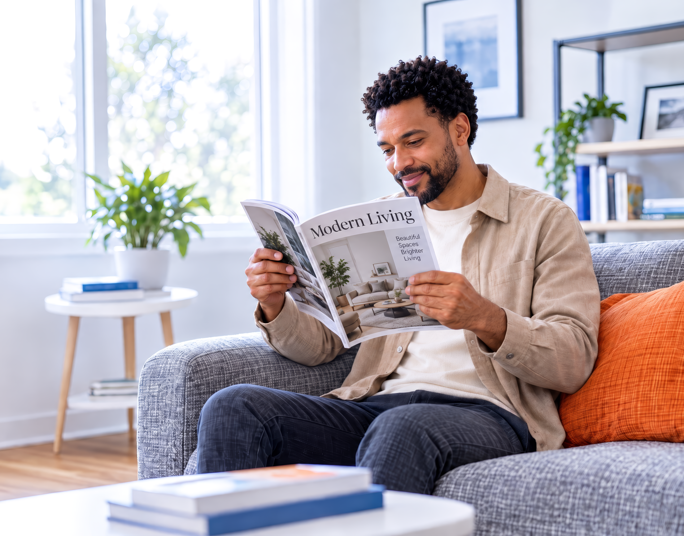Un homme âgé à la barbe blanche est assis dans un canapé et regarde un magazine.