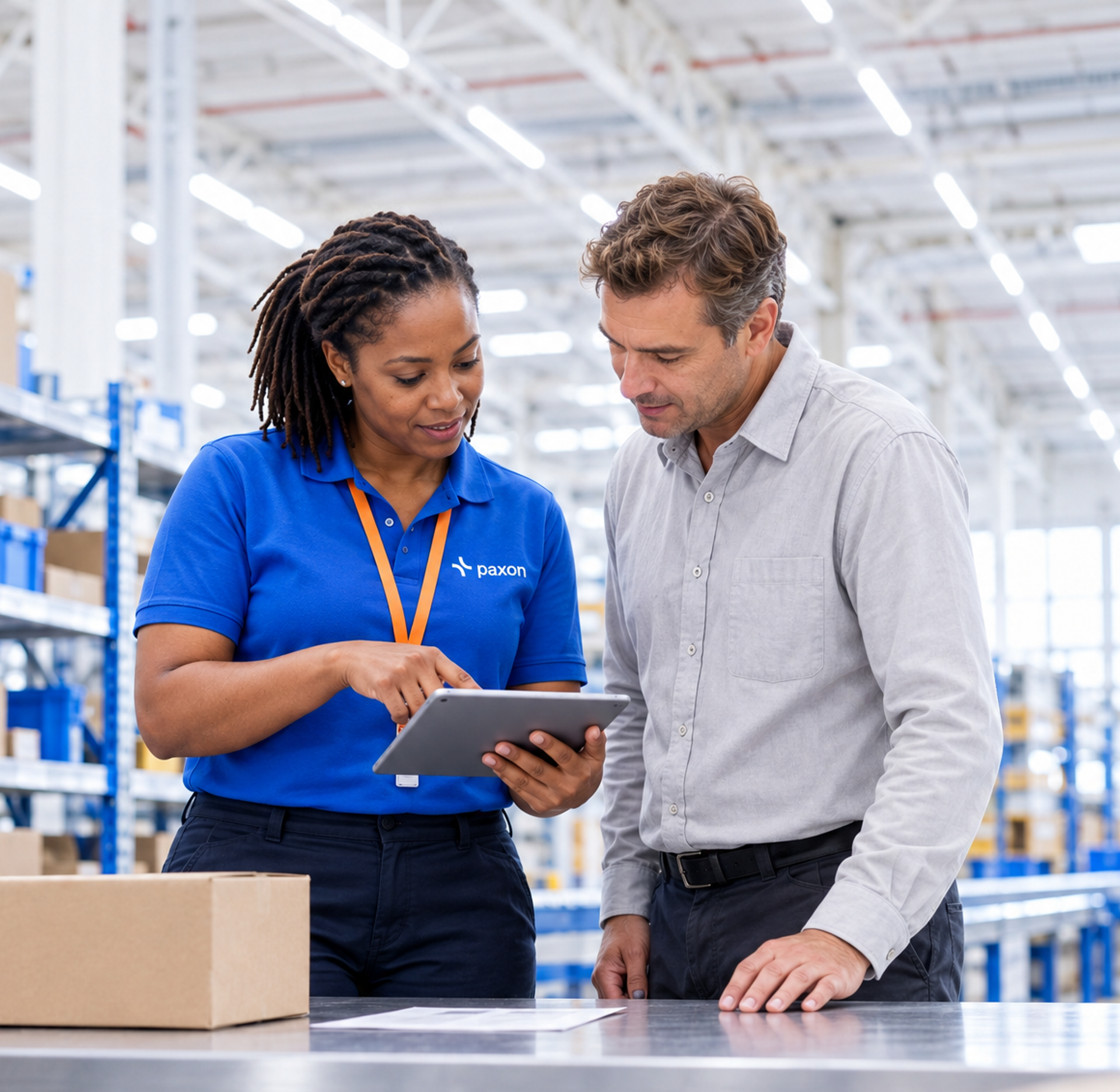 A Paxon employee points to a tablet while talking with a man in a warehouse.