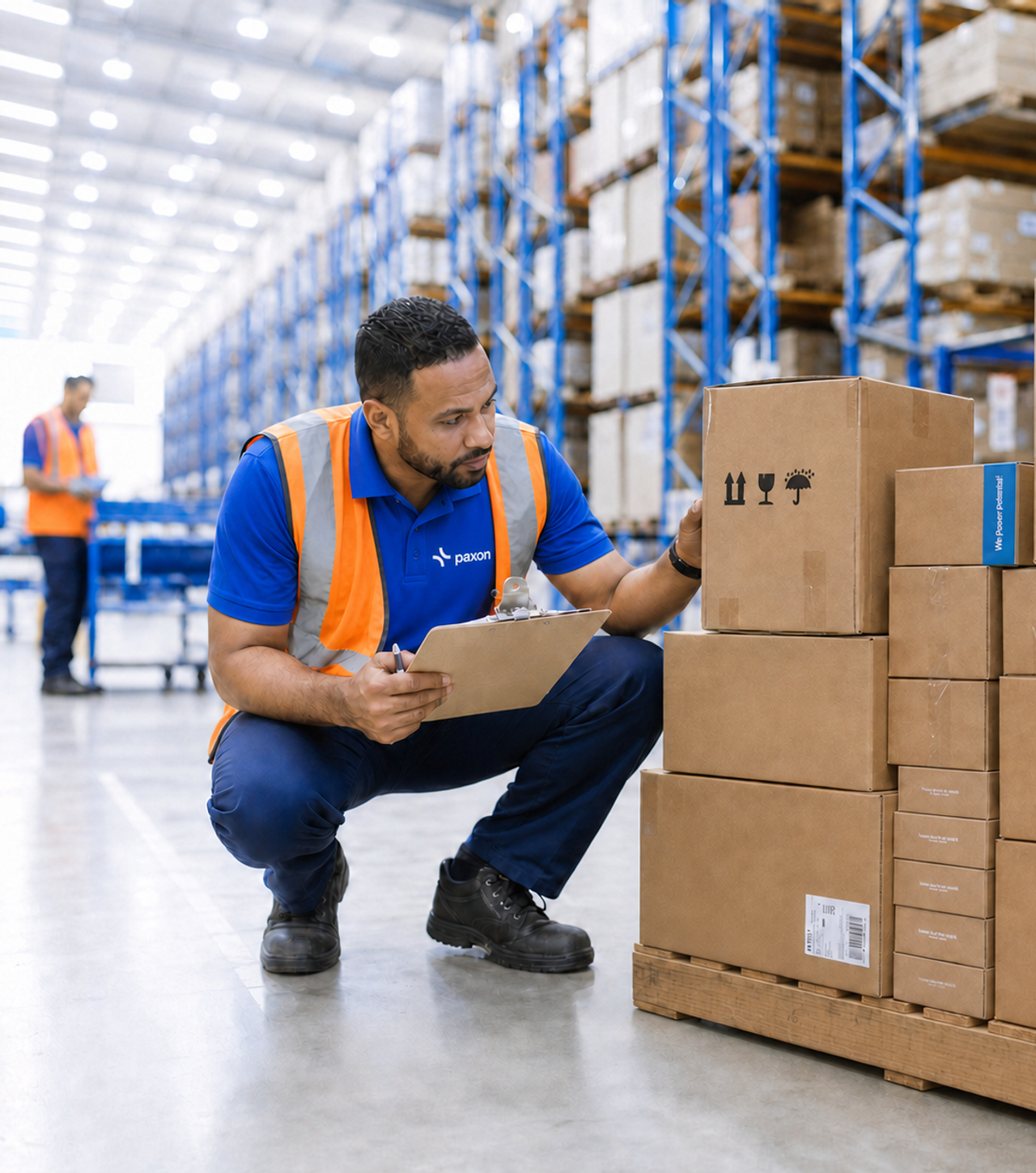 Man in a safety vest inspecting boxes with a clipboard in a warehouse.