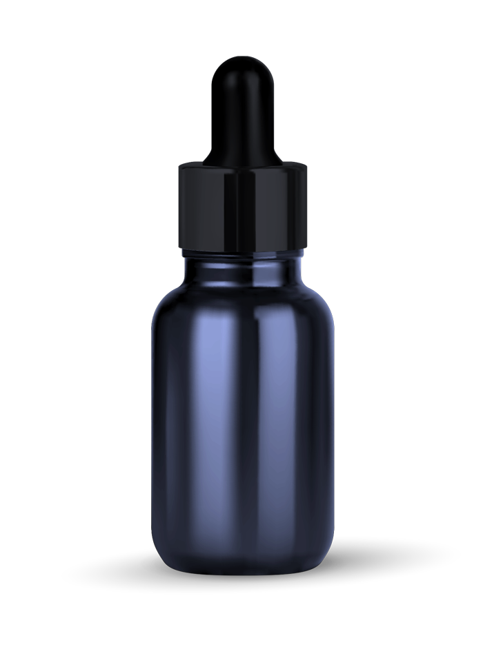 A dark blue dropper bottle with a black cap.