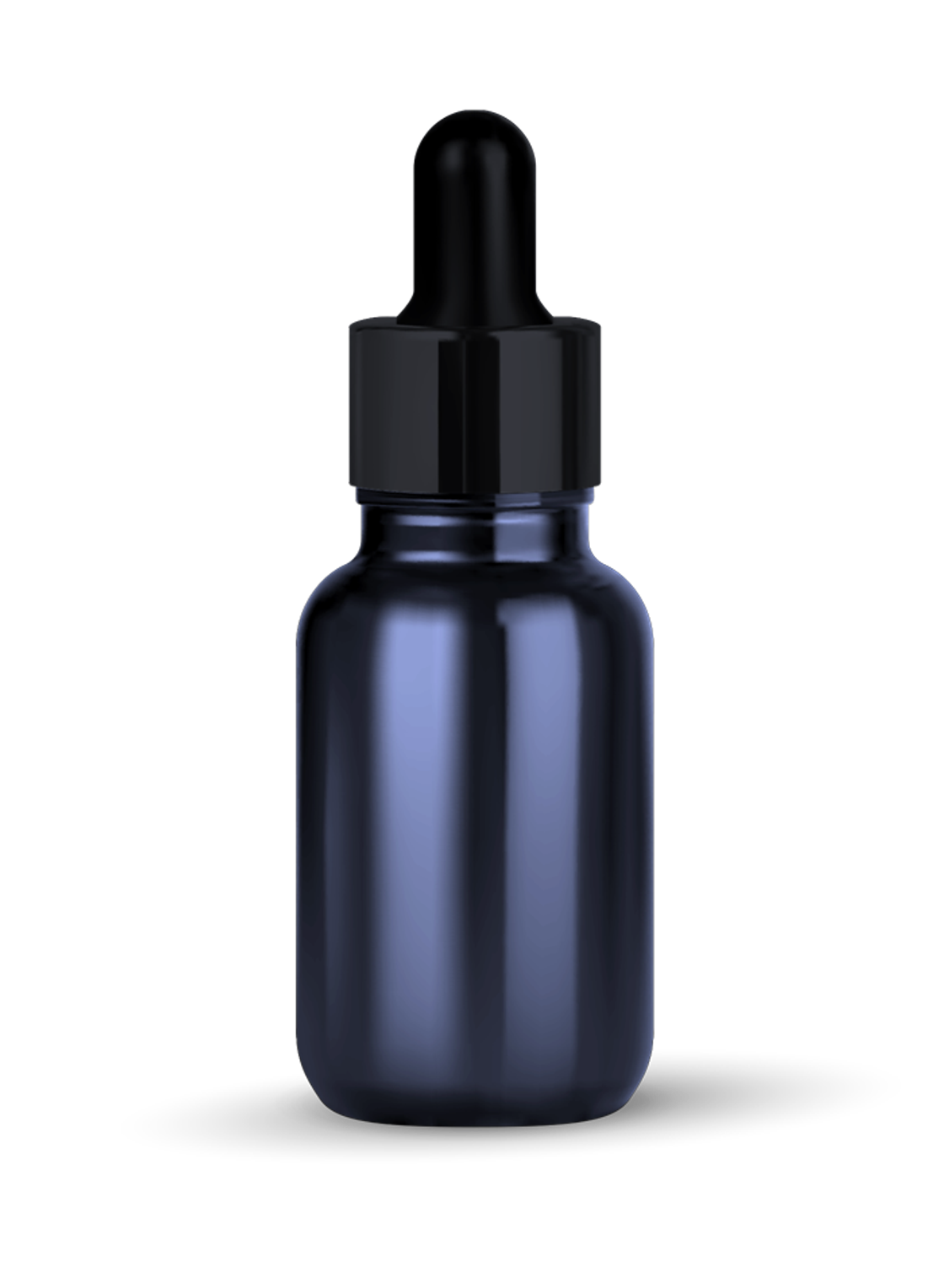 Dark blue dropper bottle with a black cap.