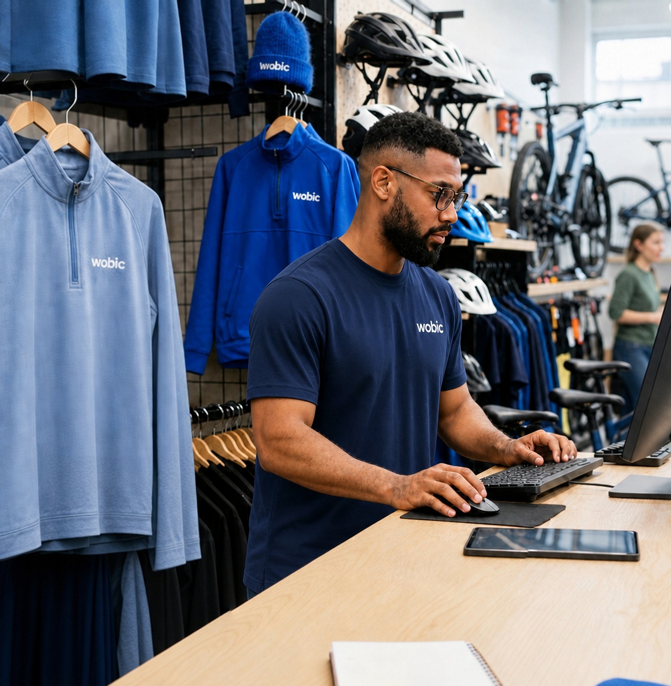 A man in a "wobic" t-shirt works on a computer at a counter in a retail store displaying branded clothing and bicycles.