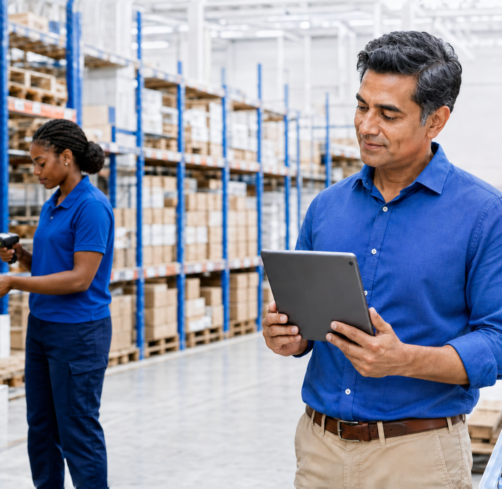 A man reviews a tablet while a woman scans boxes in a warehouse.