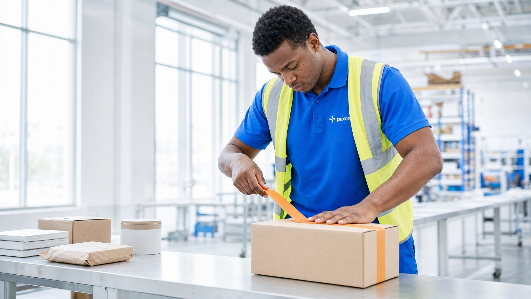A man in a blue shirt and yellow vest tapes a cardboard box with orange tape in a warehouse.