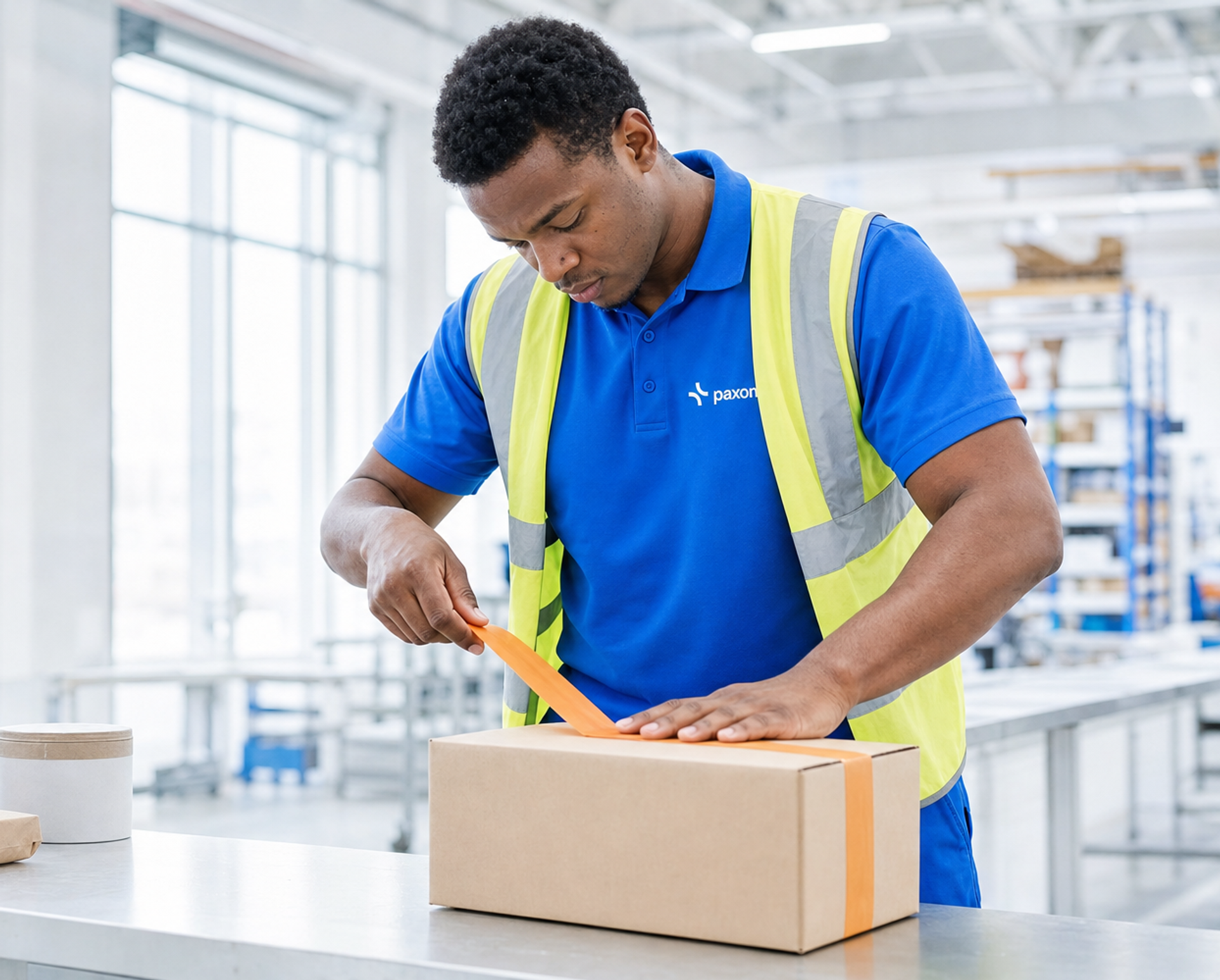 A man in a blue shirt and yellow vest tapes a cardboard box with orange tape in a warehouse.
