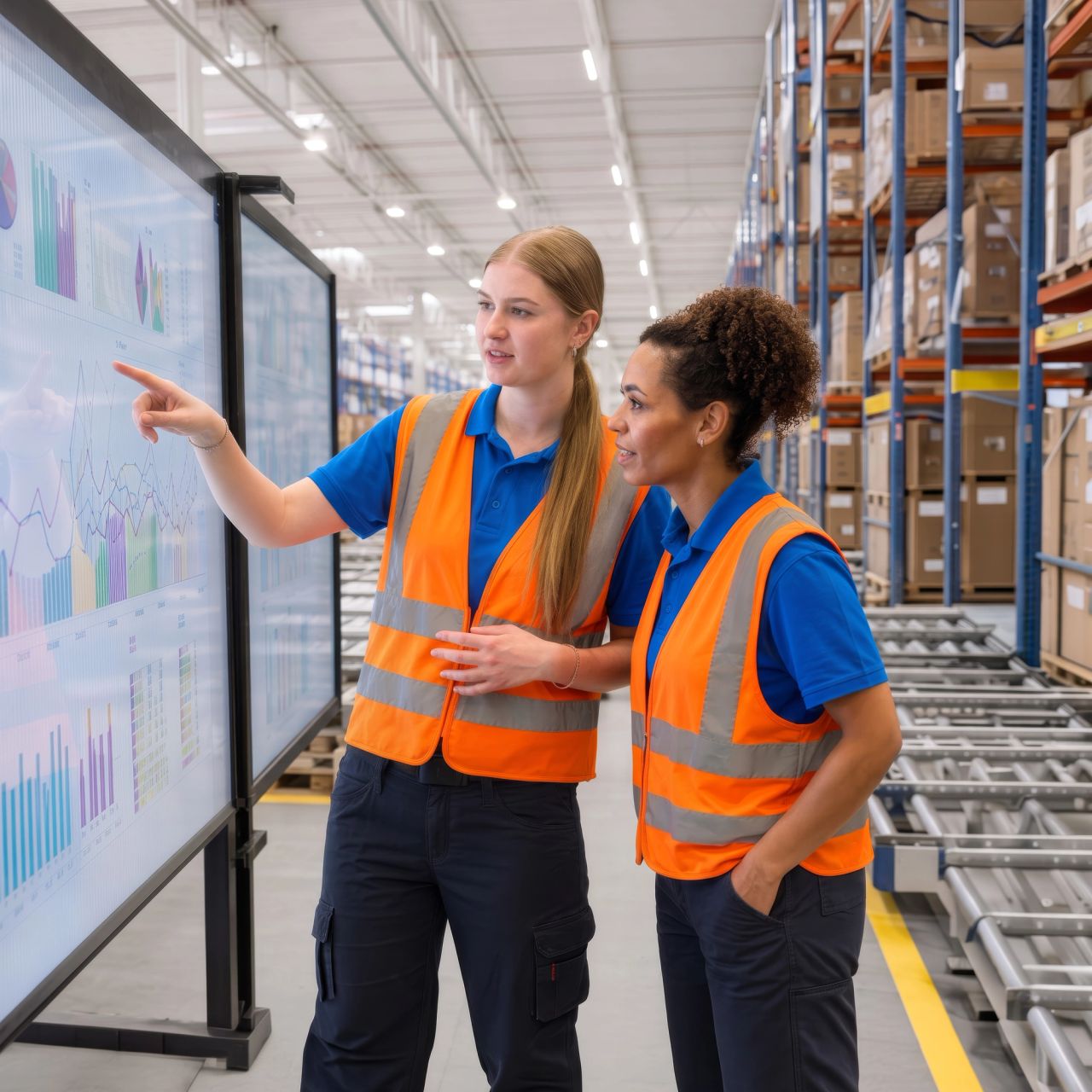 Zwei Frauen in orangefarbenen Sicherheitswesten besprechen Diagramme und Grafiken auf einem großen digitalen Bildschirm in einem Lager.