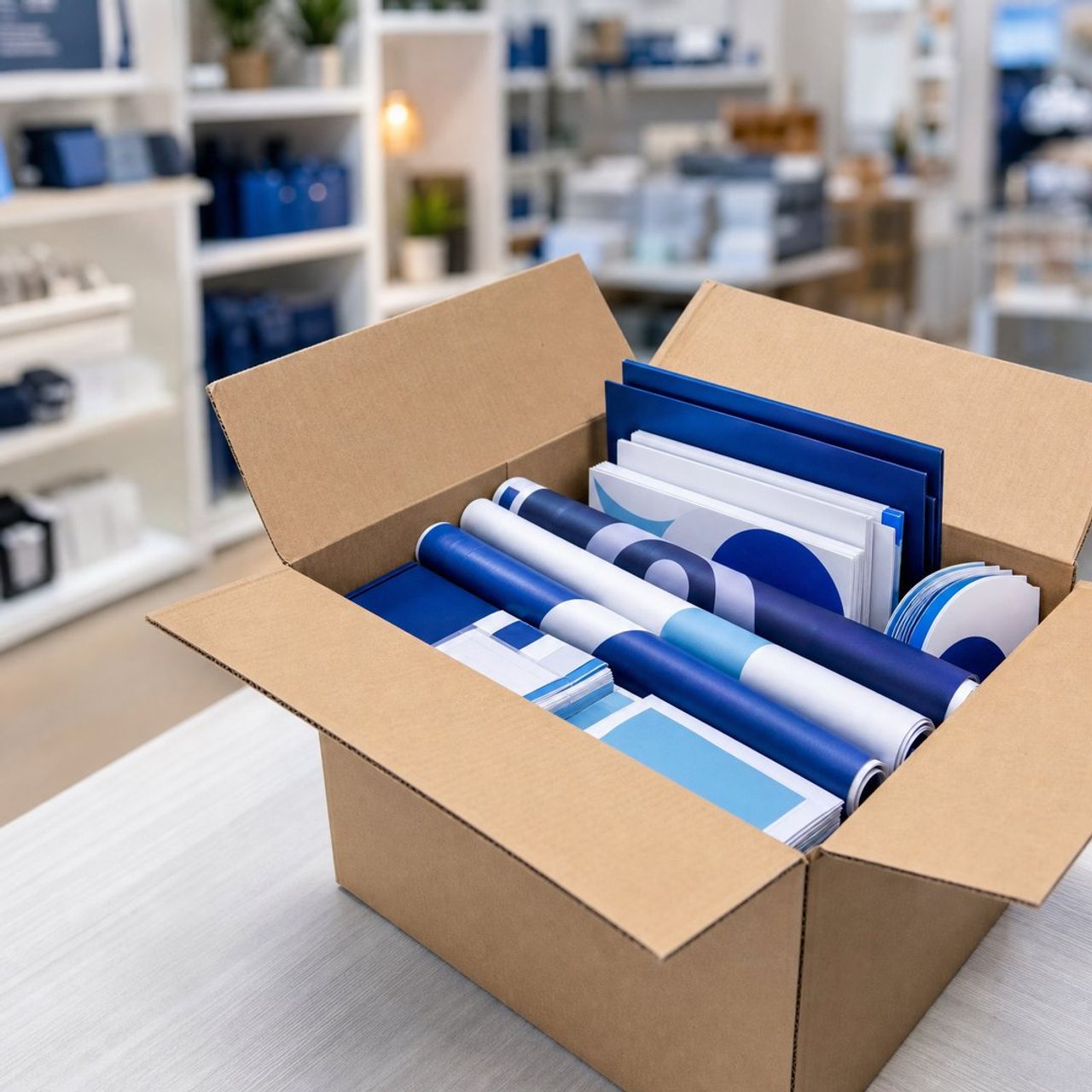 Karton gefüllt mit blau-weißen Markenmaterialien und Schreibwaren.