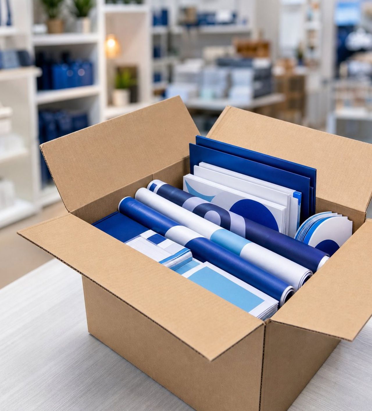 An open cardboard box filled with blue and white branding materials like rolled papers, folders, and brochures.