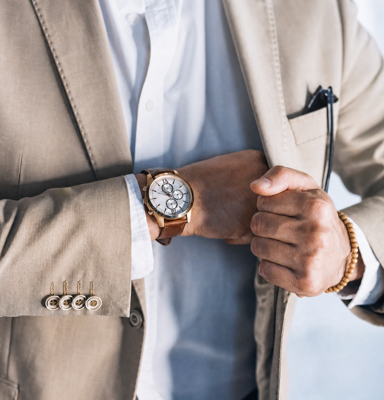 Close-up of a person in a beige blazer, white shirt, and wristwatch, with a hand tucked into their jacket.
