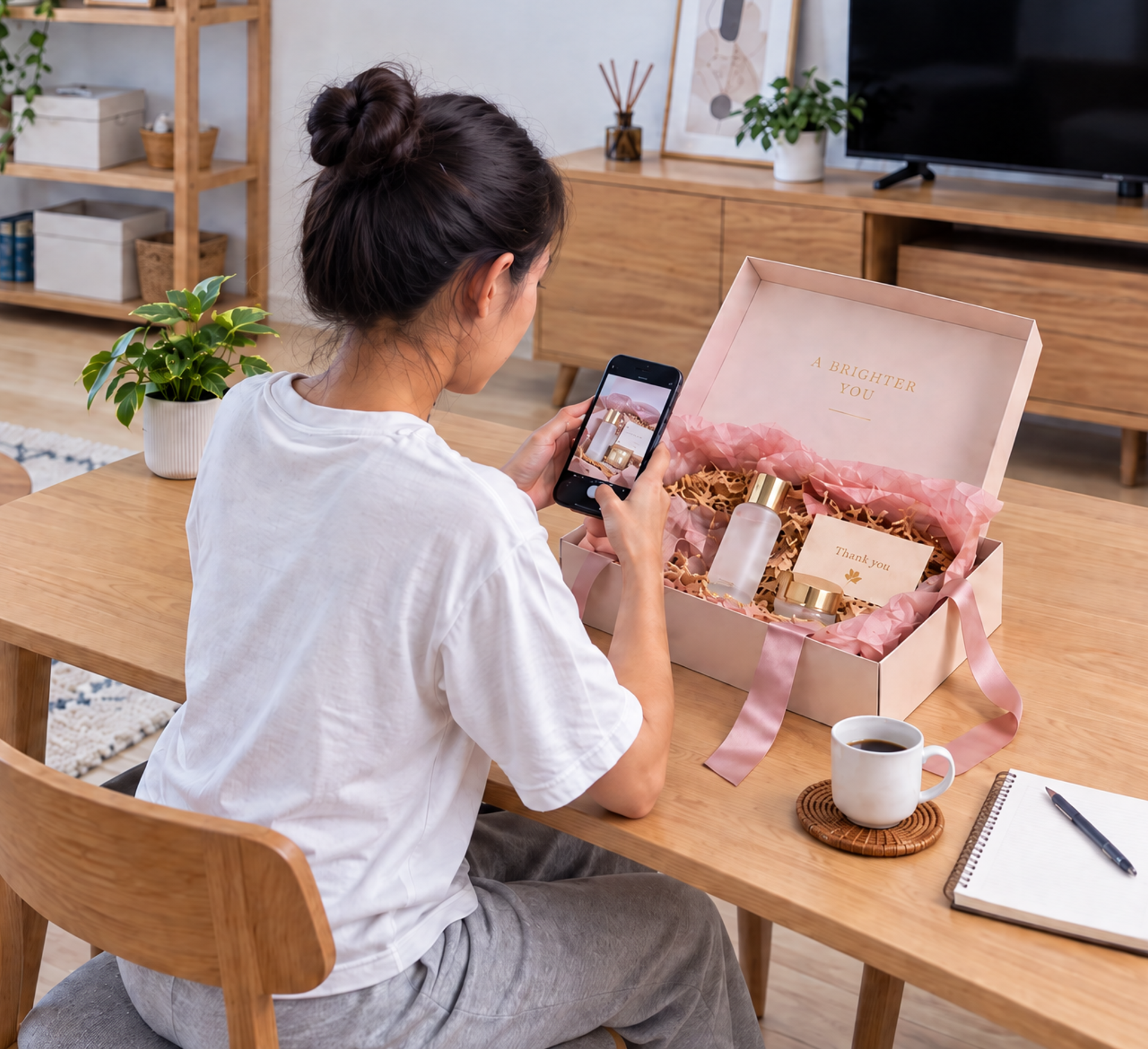 A person photographs a pink gift box containing beauty products with a smartphone.