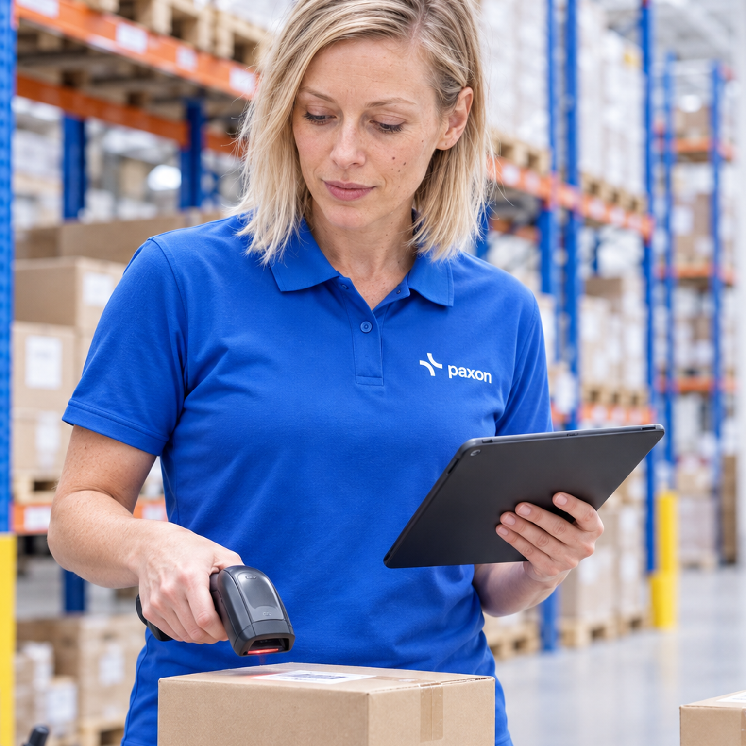 A woman scans a package with a barcode reader, holding a tablet in a warehouse.
