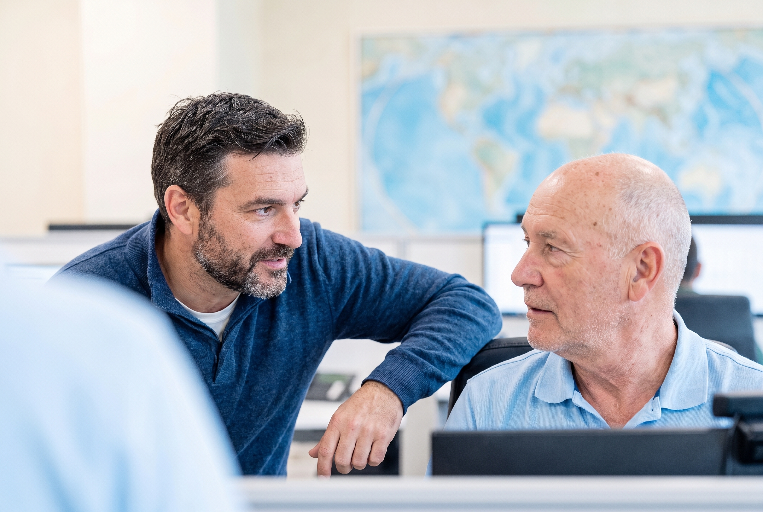 Two men having a conversation in an office.