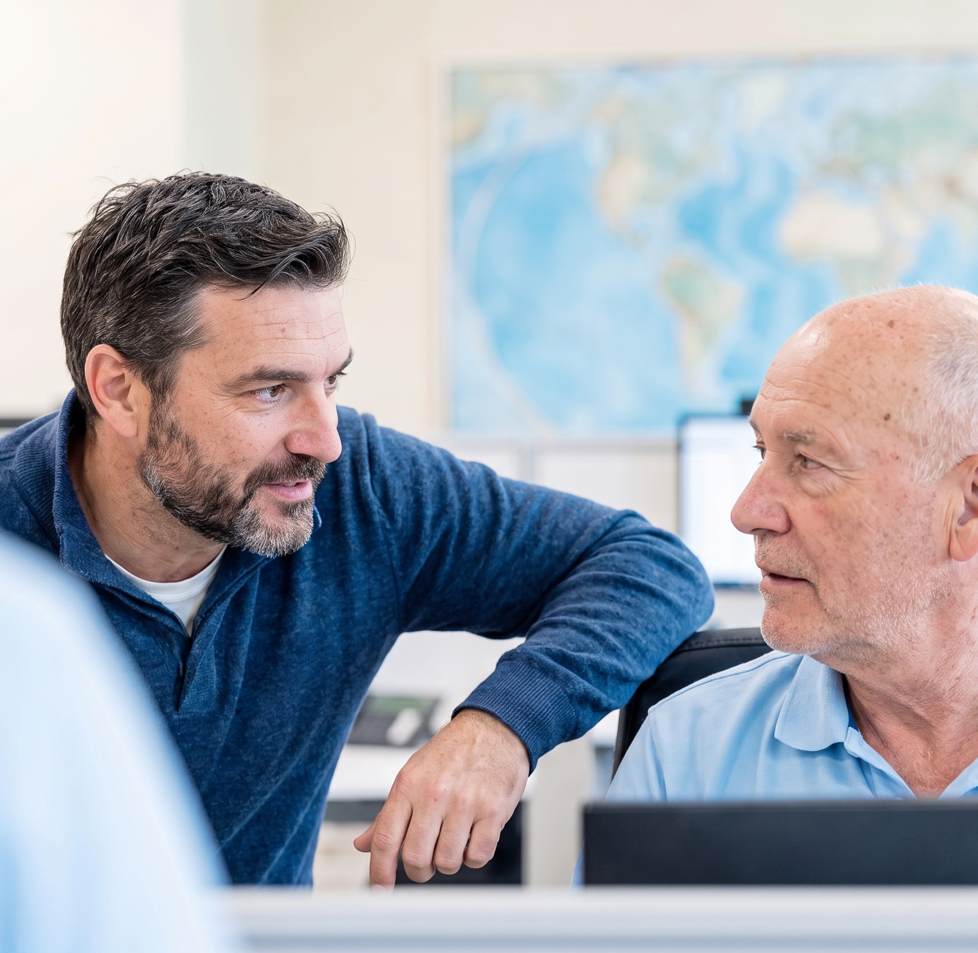 Two men having a conversation in an office.