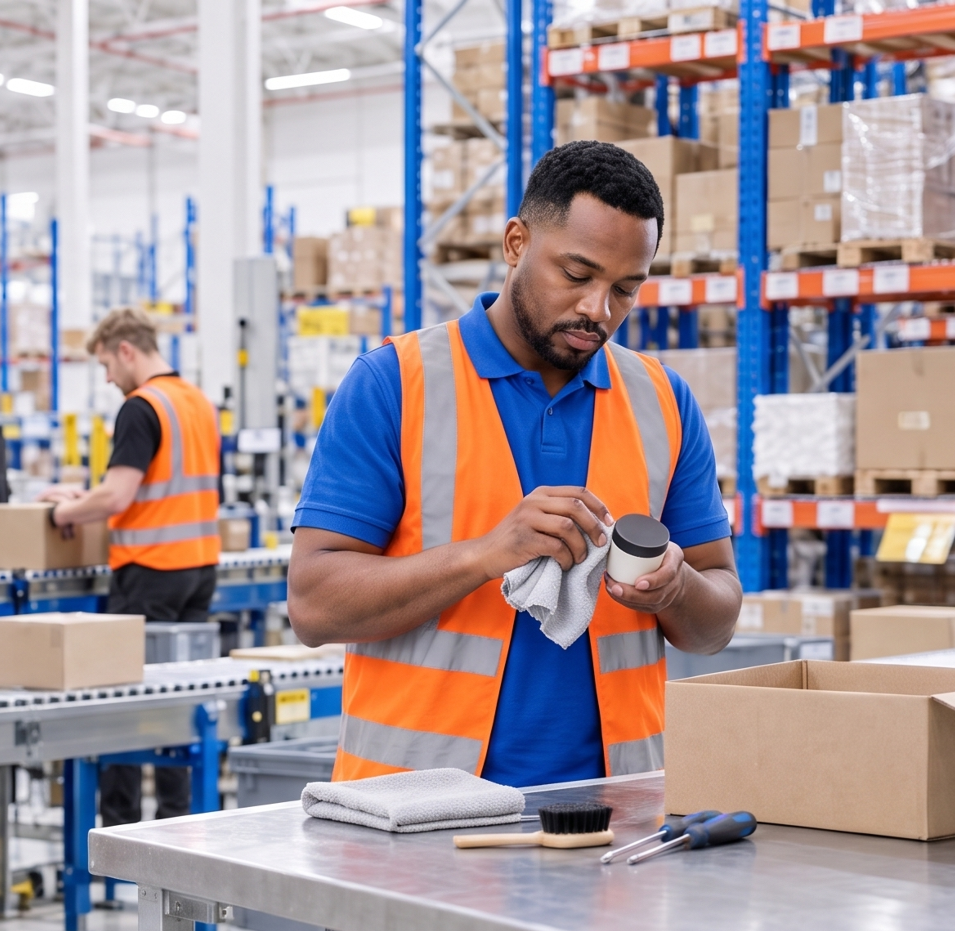 Warehouse staff inspecting products and packing boxes on a conveyor belt.