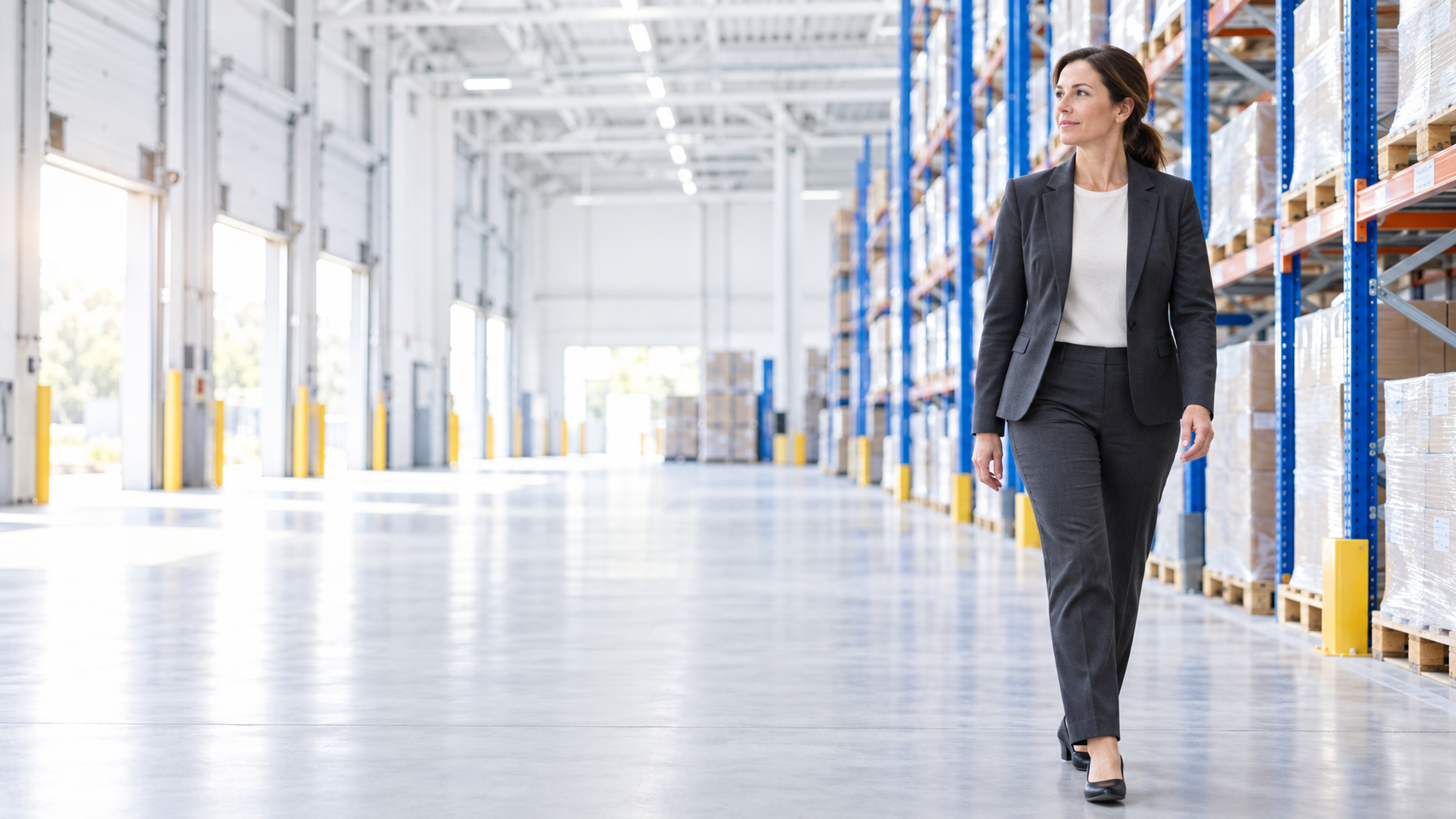 A woman in a business suit walks through a large, modern warehouse with tall shelves.