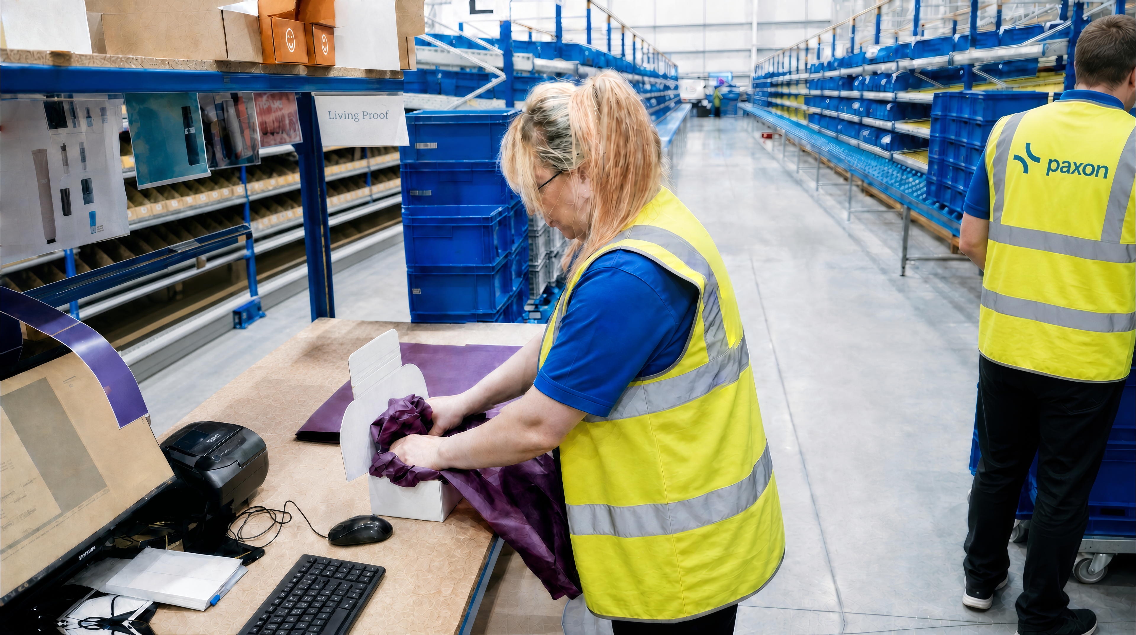 A worker in a yellow high-visibility vest packages an item at a computer workstation in a warehouse.
