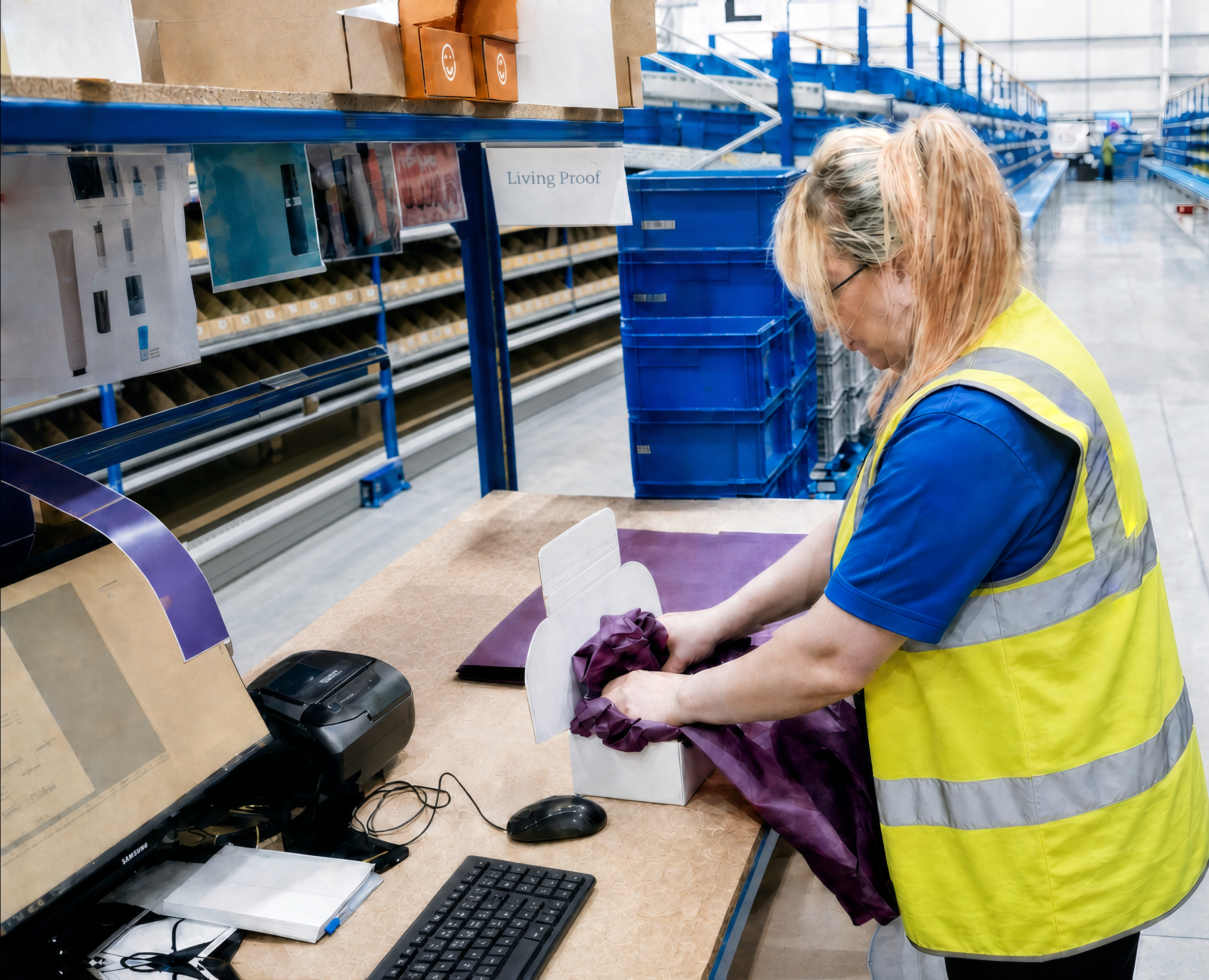 A worker in a yellow high-visibility vest packages an item at a computer workstation in a warehouse.